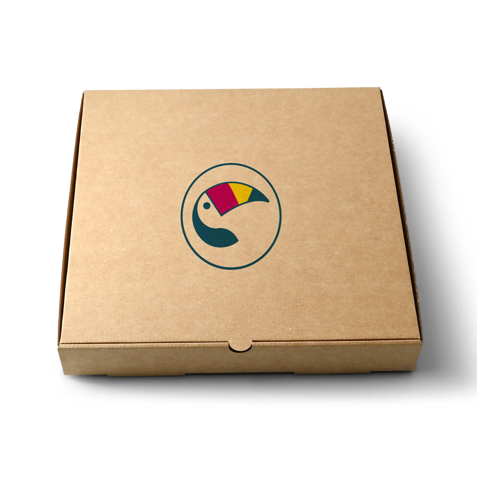 Brown pizza box with a circular logo featuring a stylized toucan design on the top.
