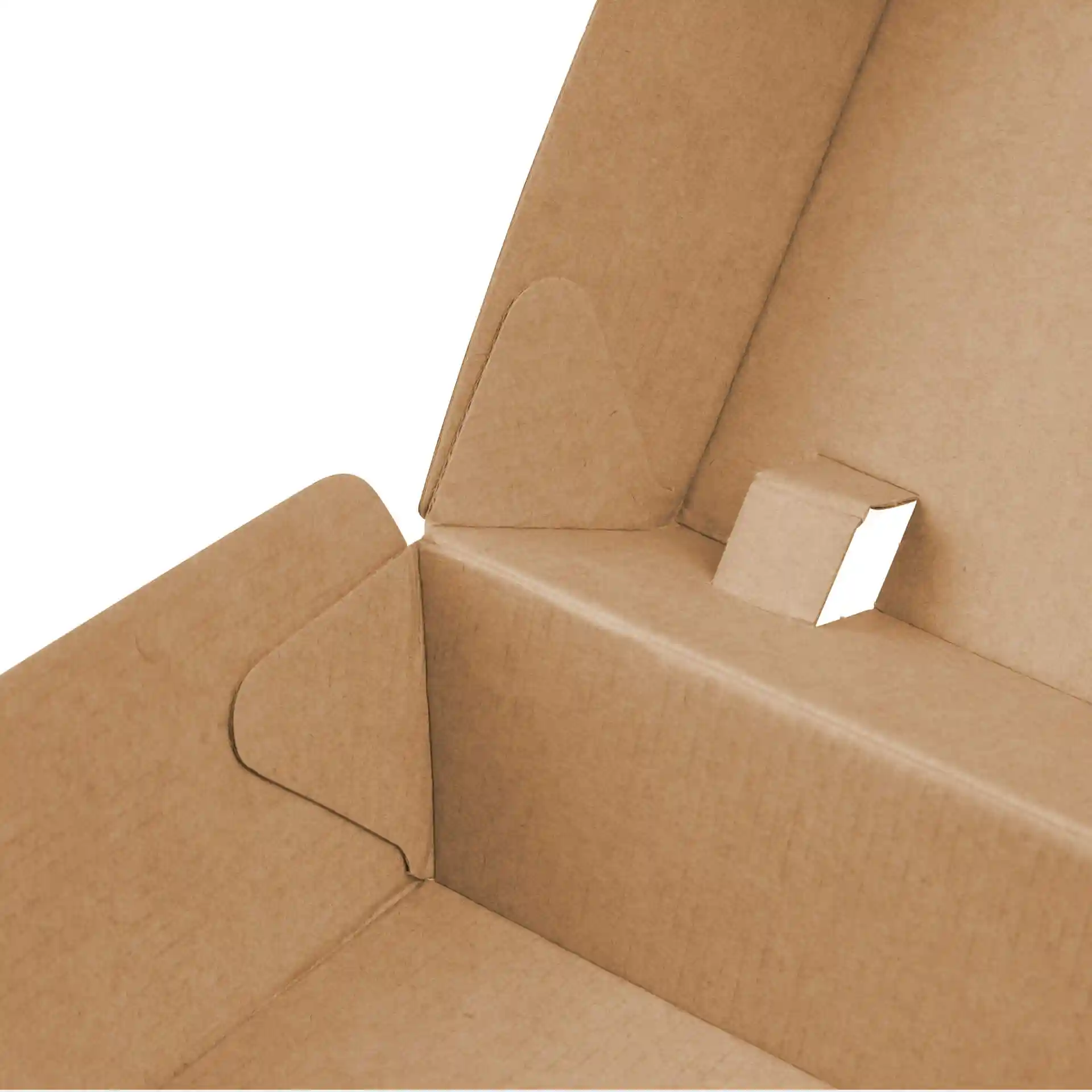 Close-up of the corner of a brown cardboard burger box with interlocking flaps.