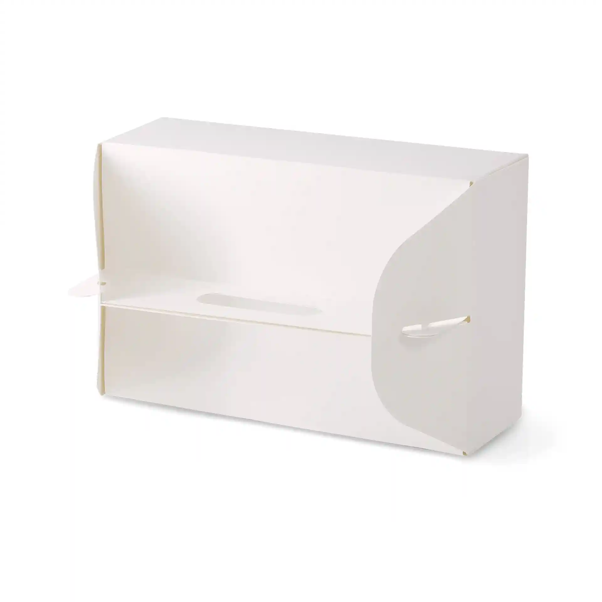 White rectangular cardboard pastry box with a handle, measuring 26 x 17 x 9 cm, foldable design.