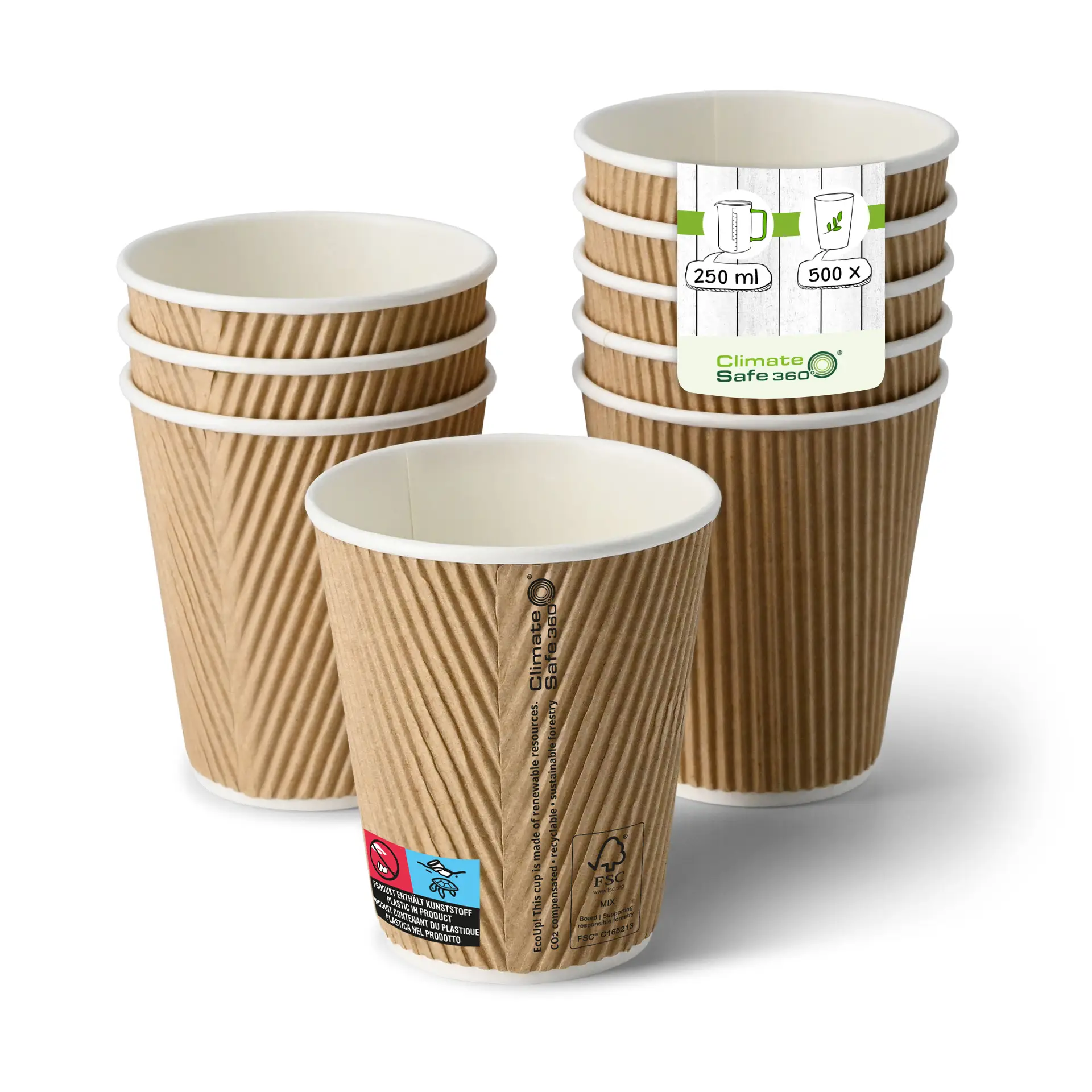 10 oz Take away coffee cups (coated) / Ripple cups, Ø 80 mm, brown, inner white con10025-01-0-riffelbecher-beschichtet-coffee-to-go-becher-250-ml-10-oz-90-mm-braun-innen-weiss