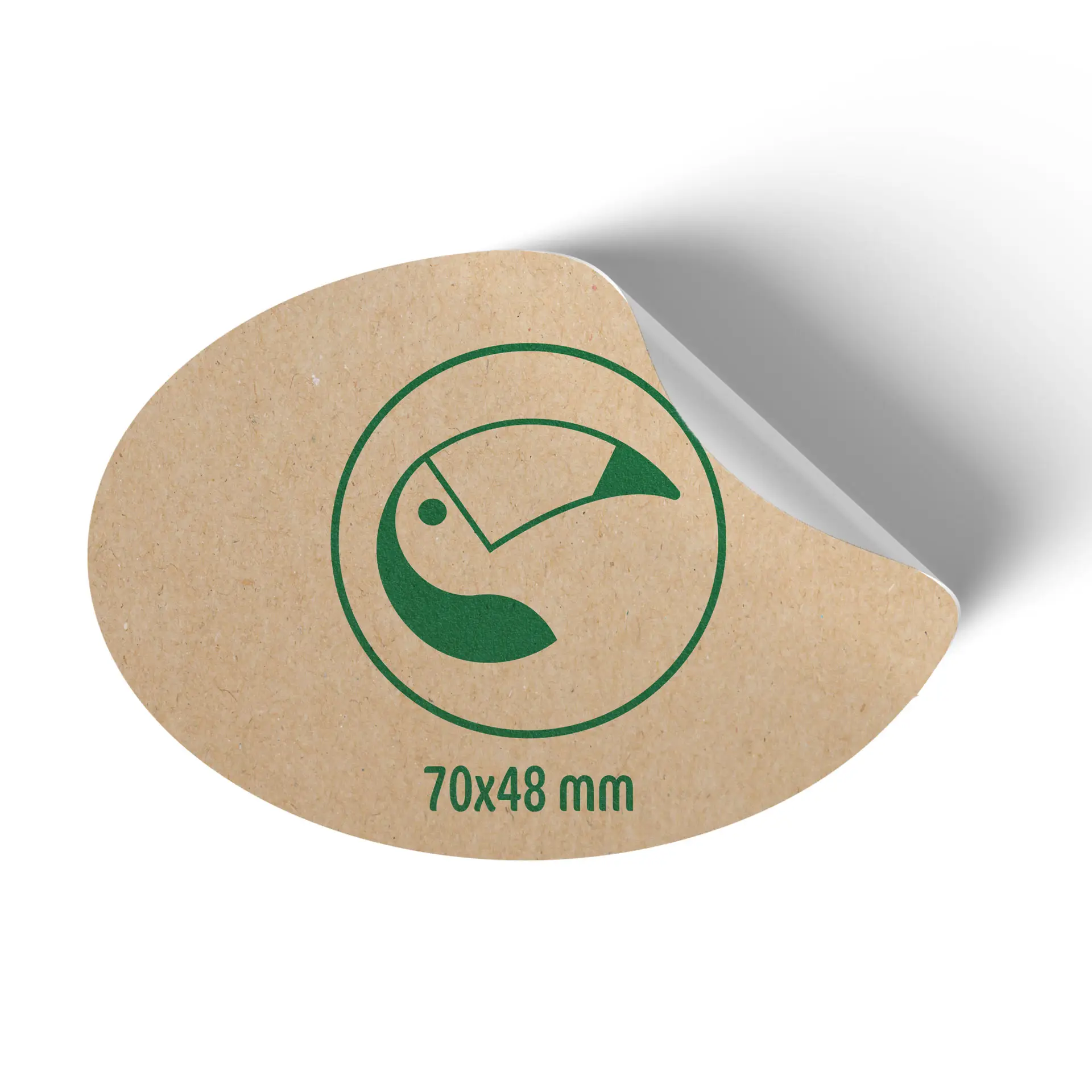 Circular brown sticker with a green toucan design and measurements of 70x48 mm.