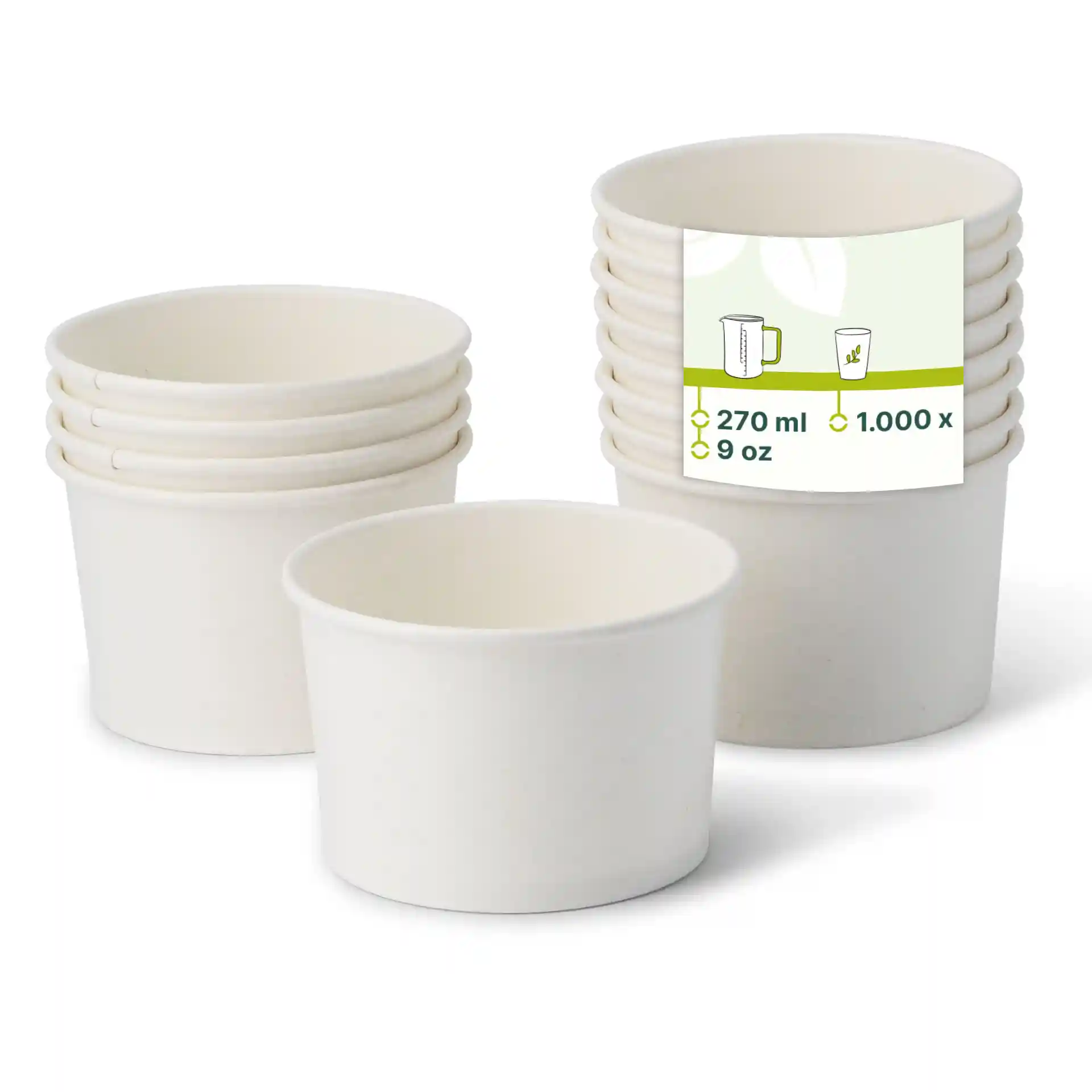 Stack of white paper ice cream cups with a label showing capacity of 270 ml and dimensions on a plain background.