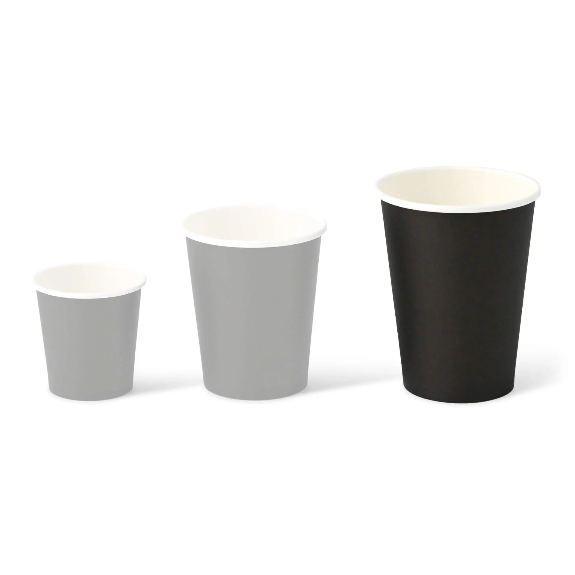 Three single-wall paper cups with PLA coating in grey and black, designed for hot and cold drinks.