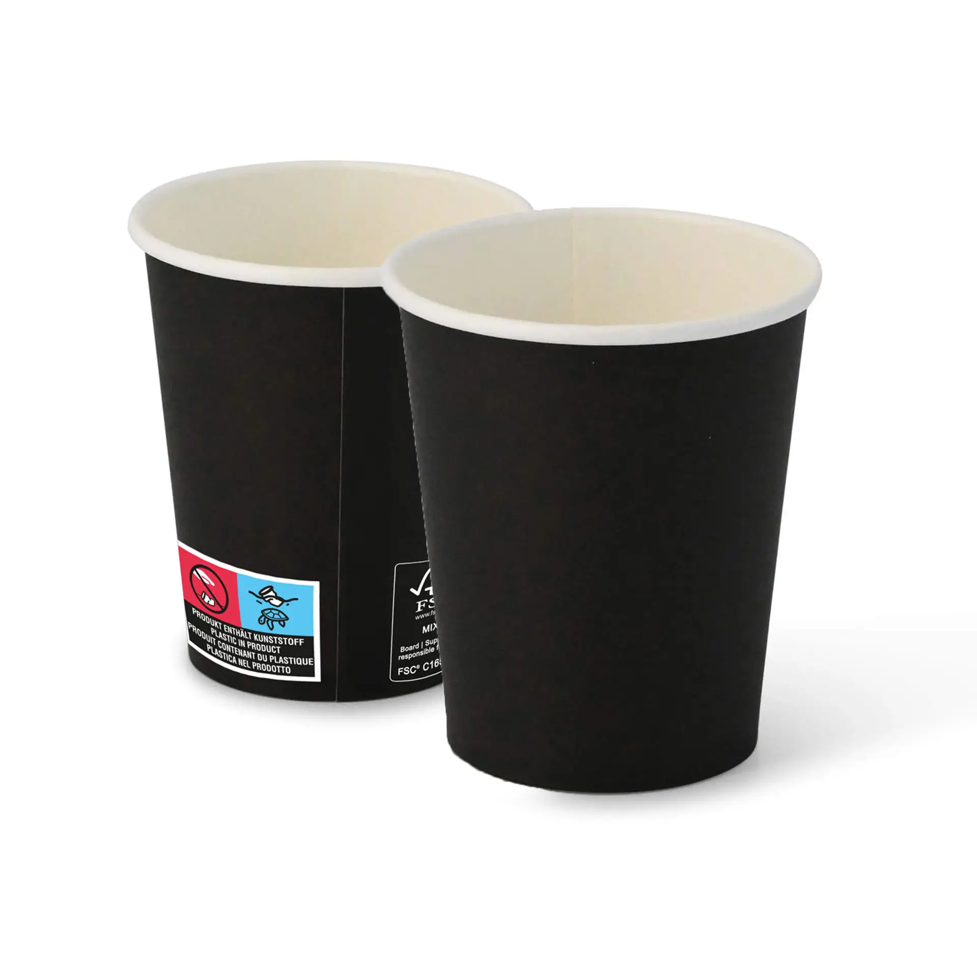 Two black paper cups with a round shape, showing the interior and exterior, on a plain background.