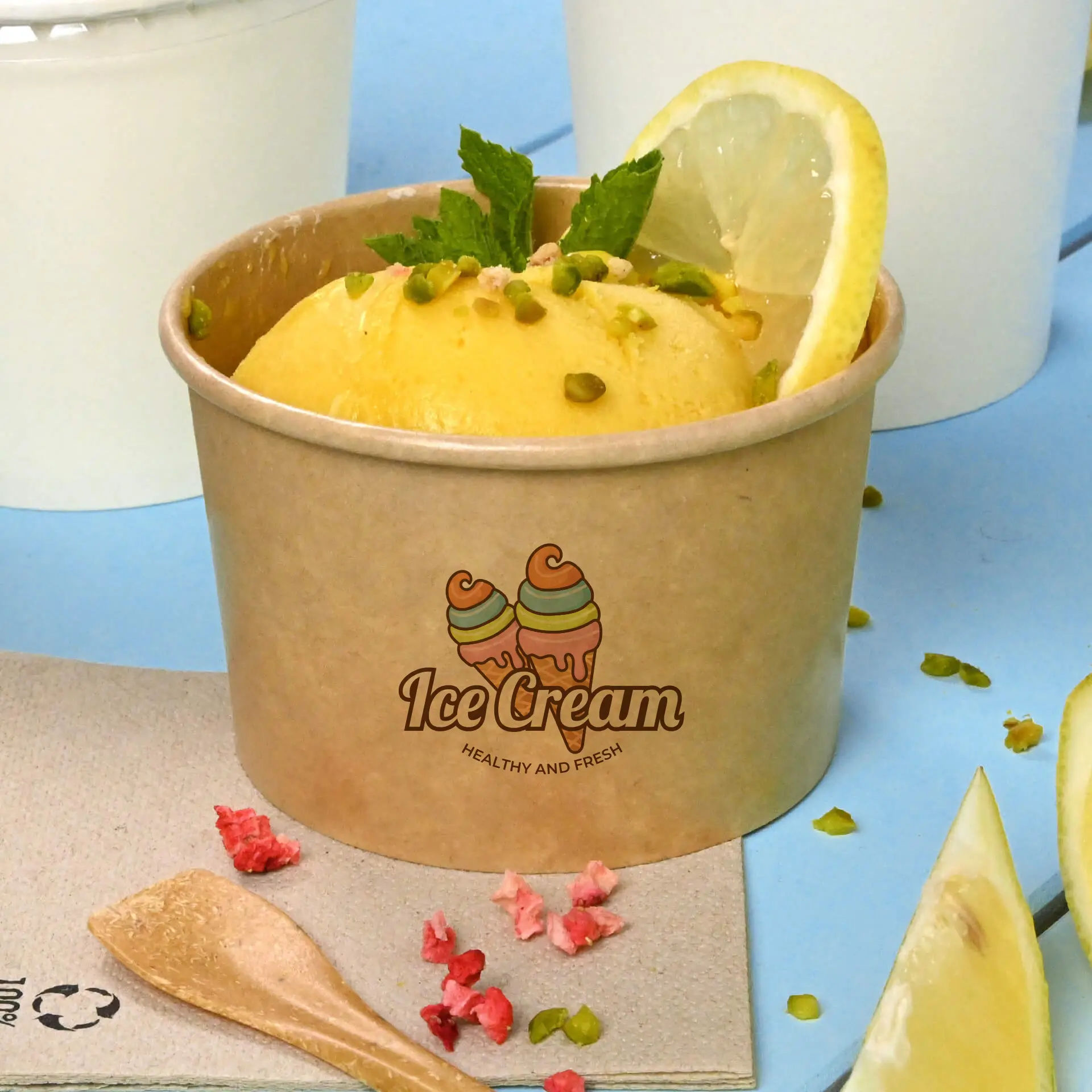 Custom-printed brown ice cream cup with a scoop of mango ice cream, garnished with mint and lemon, resting on a blue surface.
