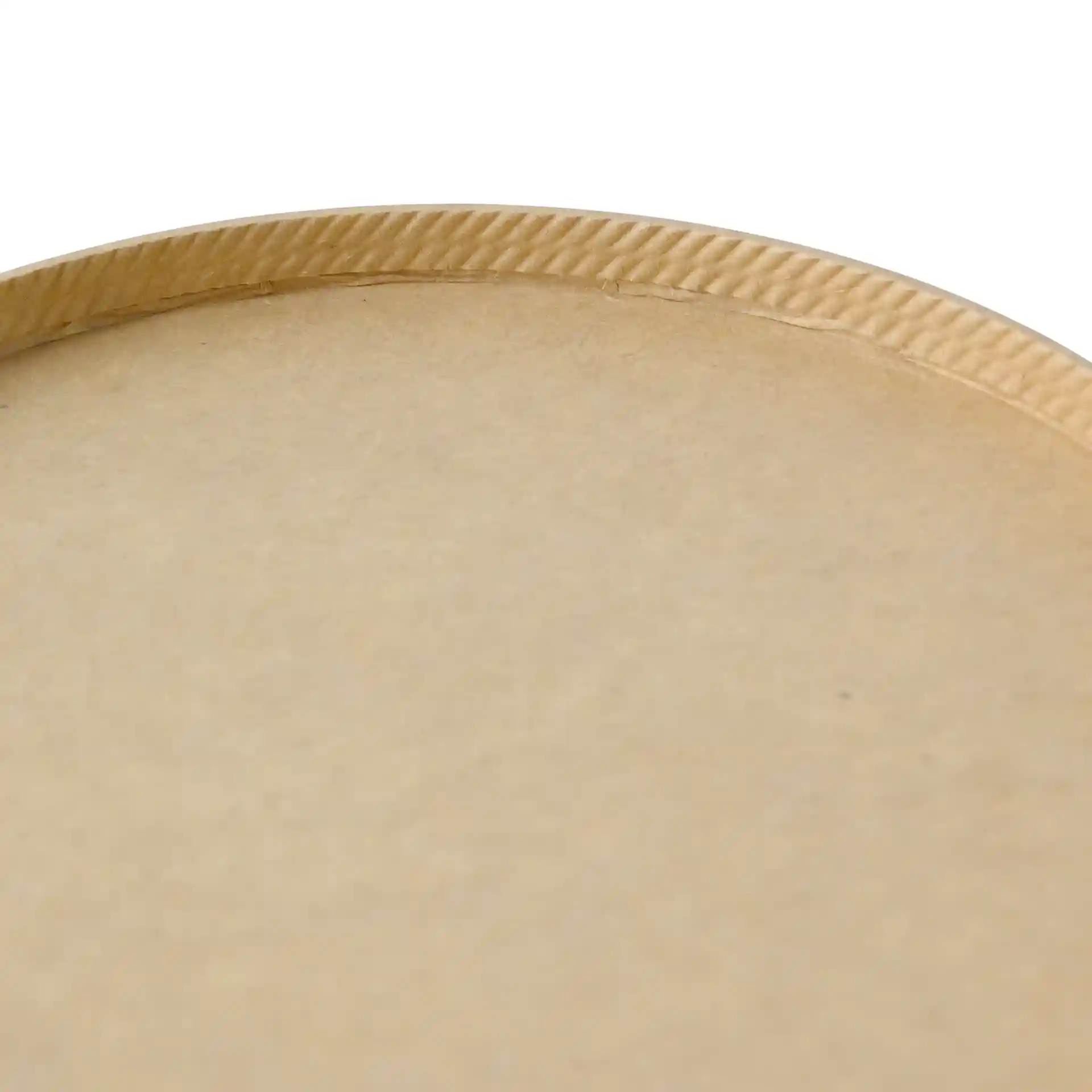 Close-up of a round brown cardboard bowl with a textured rim, showing the interior surface.