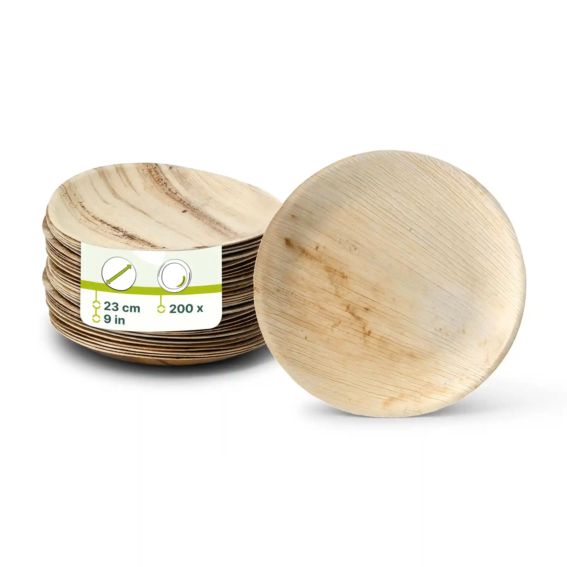 Stack of round palm leaf plates, 23 cm in diameter, with a visible label showing dimensions and quantity.