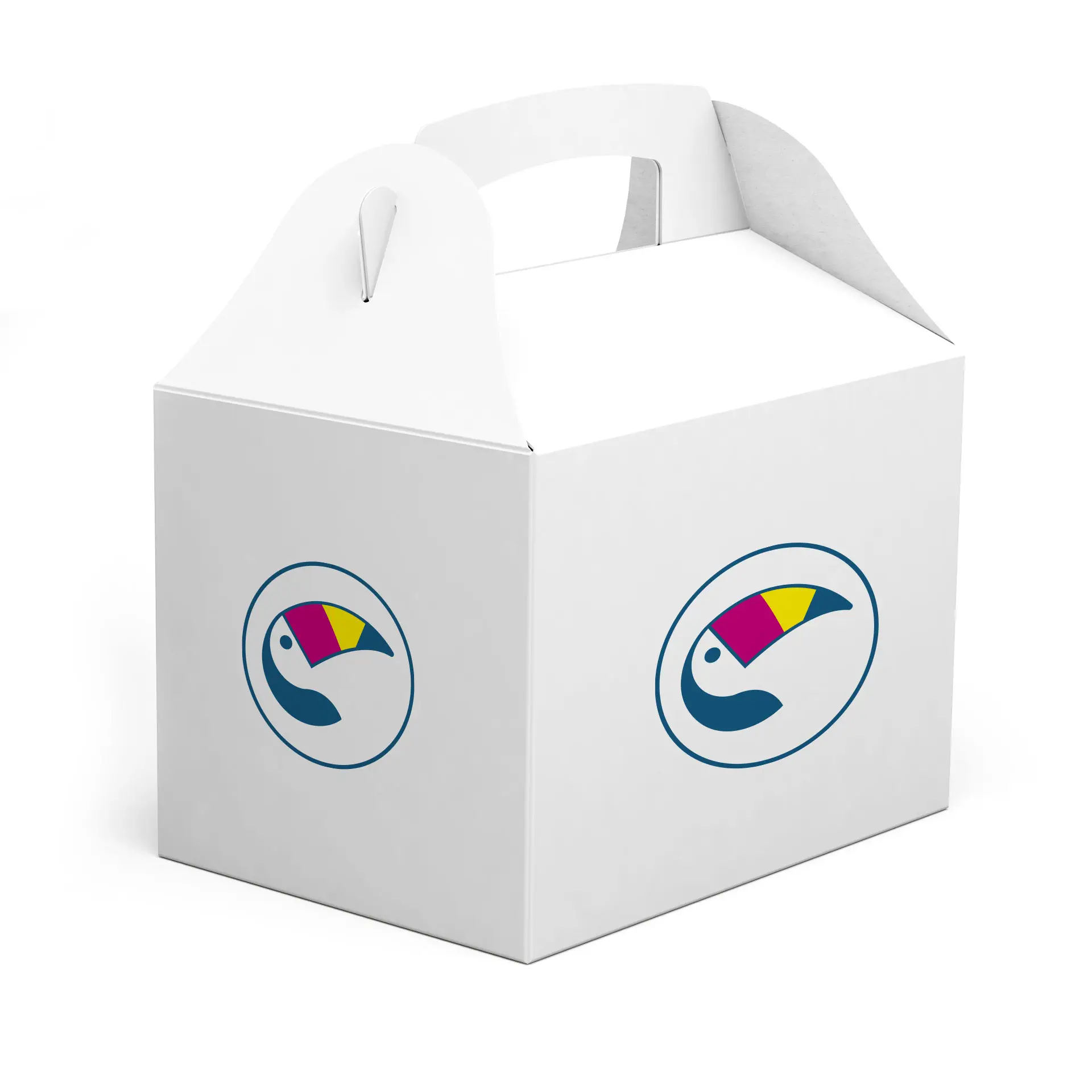 White cardboard lunch box with handle featuring a colorful logo design, dimensions 20 x 14 x 14 cm.