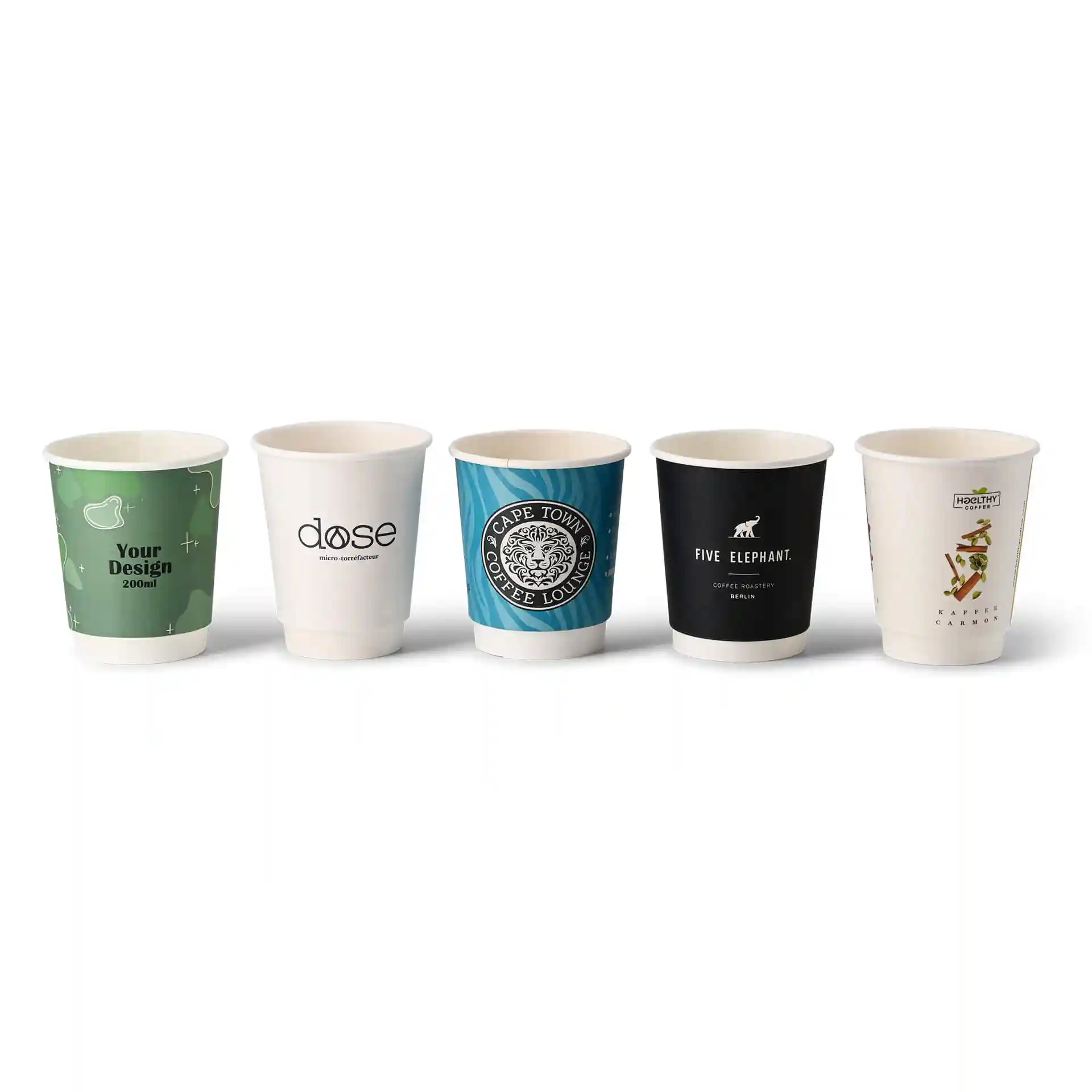 Five custom printed paper cups displayed, featuring various designs and logos, on a plain background.