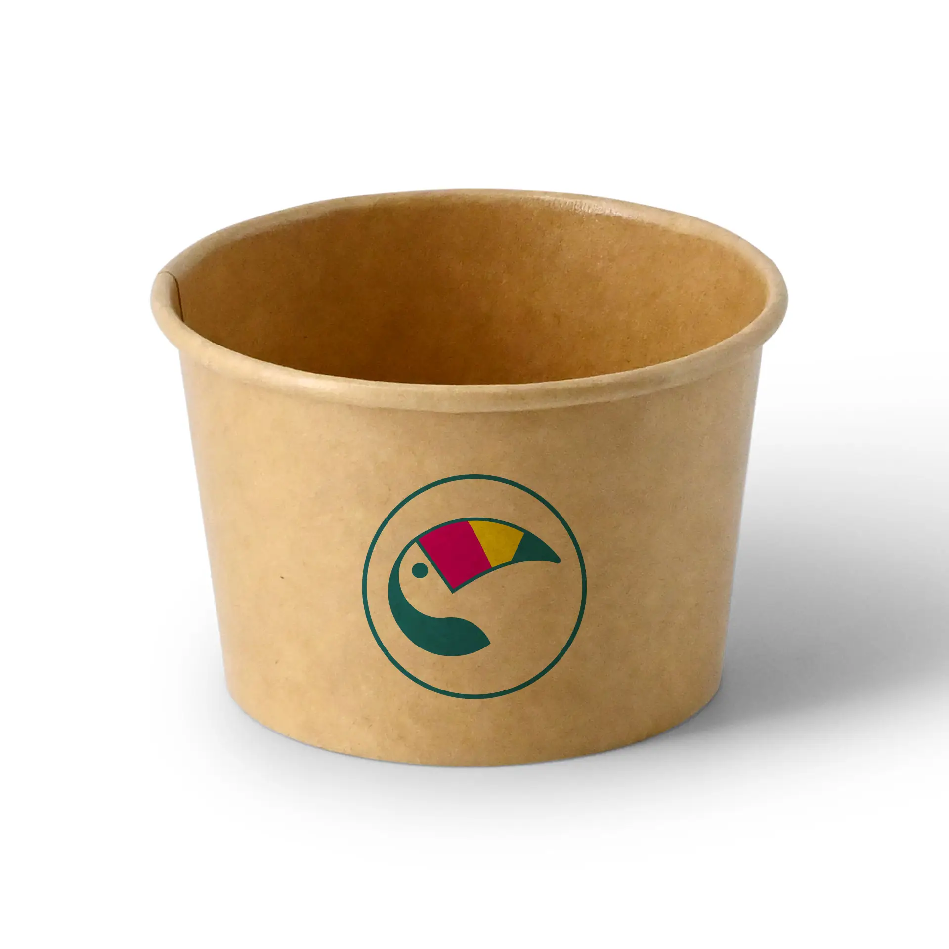 Custom printed brown ice cream cup, 150 ml, with colorful logo design; suitable for desserts and snacks.