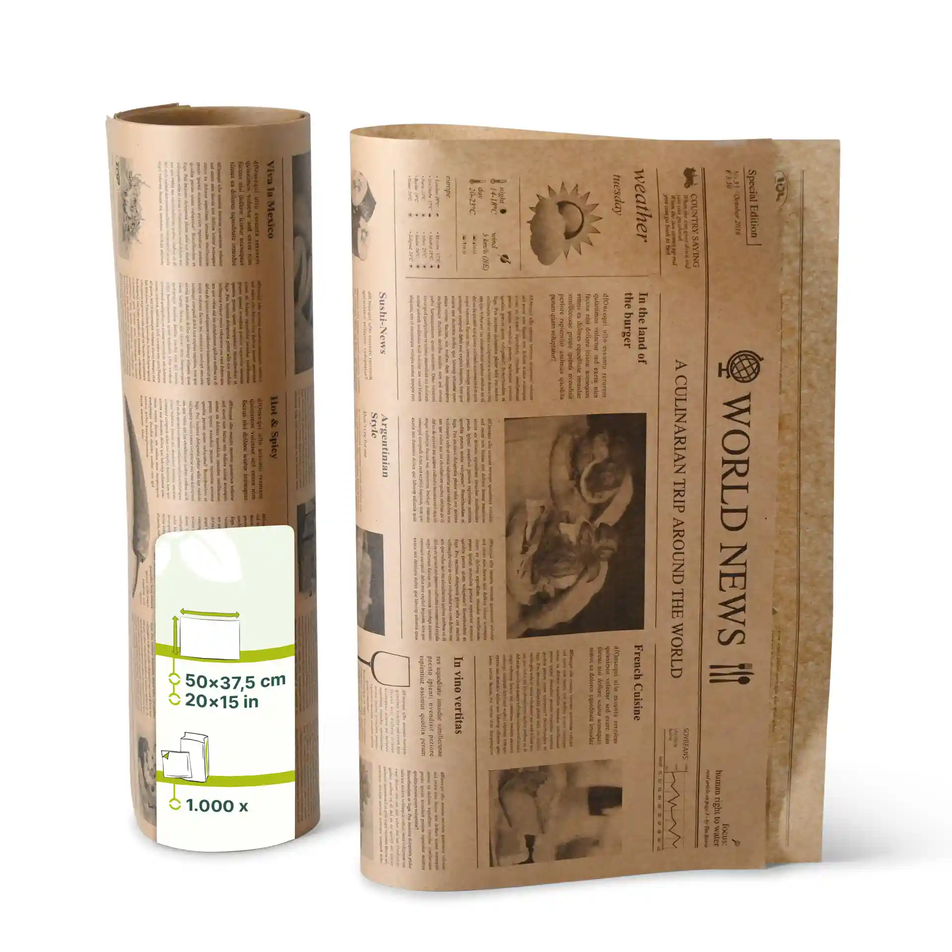 Greaseproof paper in a newspaper design, measuring 50 x 37.5 cm, rolled with printed patterns.