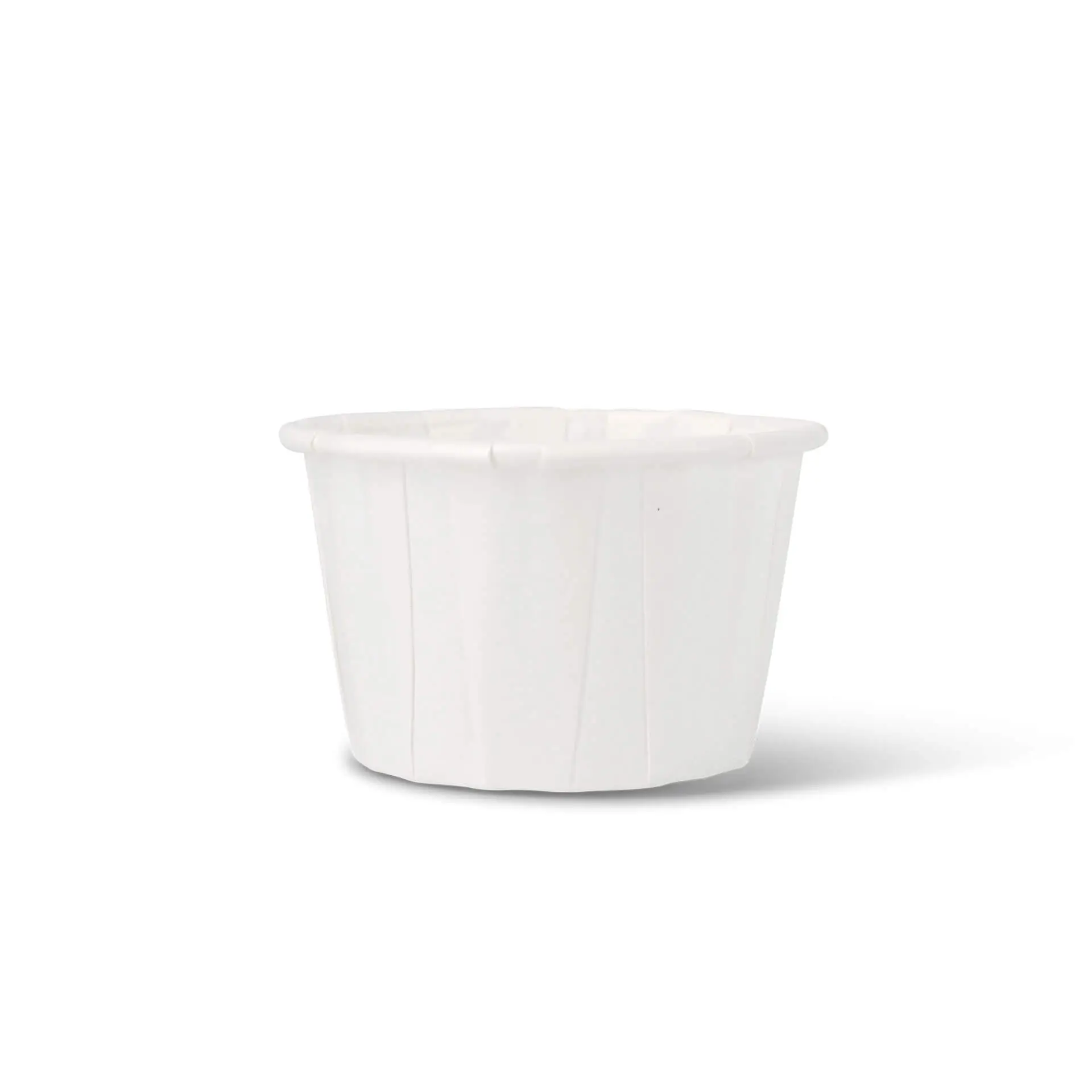 White paper cup with a fluted design, suitable for small portions and dips, 45 ml capacity.