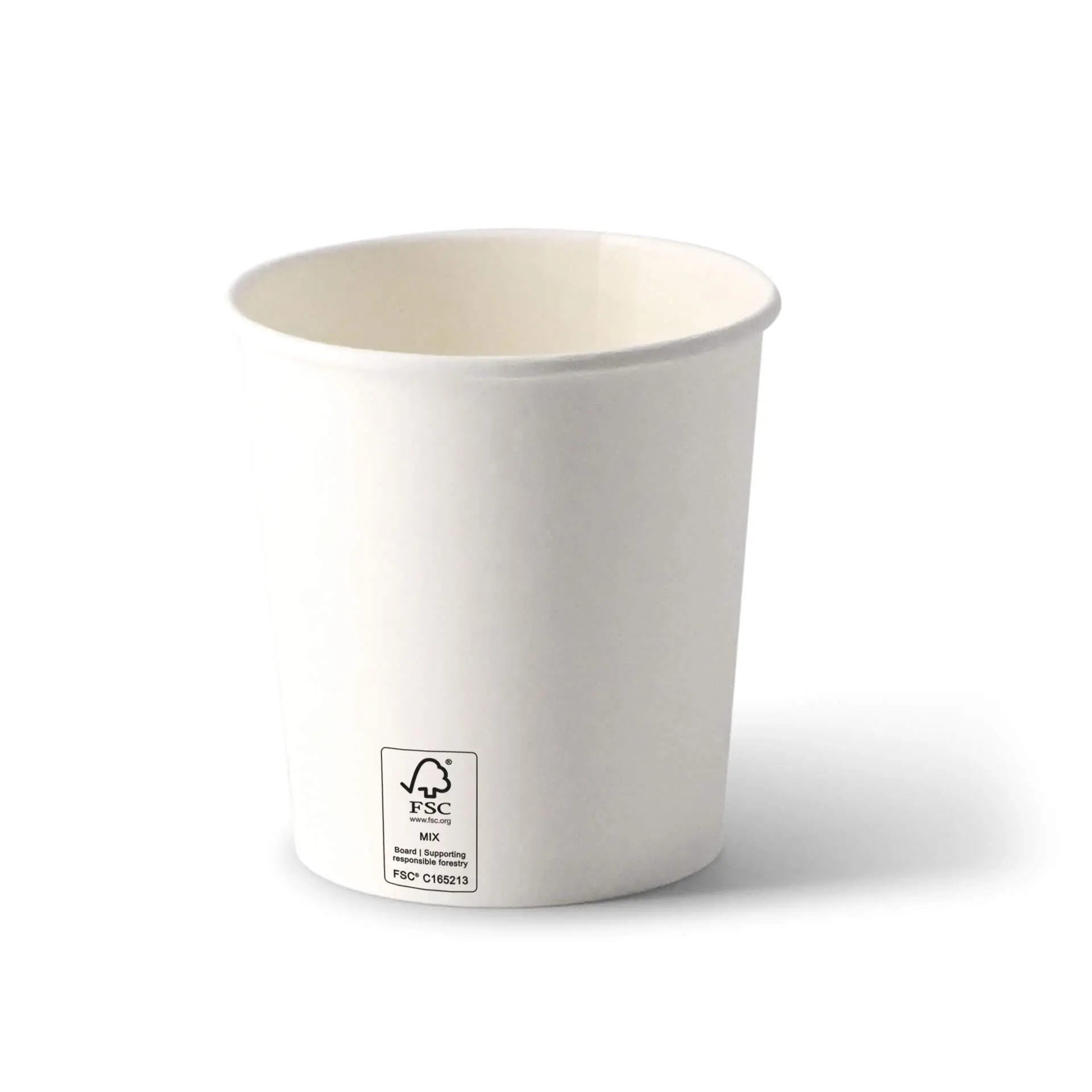 White paperboard takeaway soup container, 16 oz, round shape, with a visible label on the bottom.