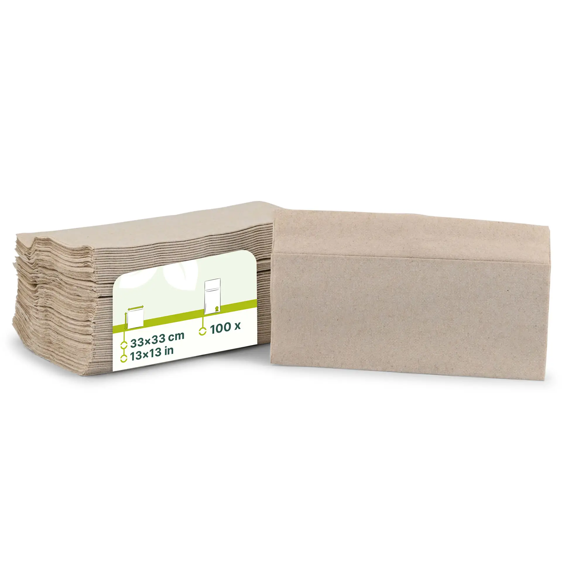 Stack of unbleached paper napkins, 33 x 33 cm, 1-ply, with a label showing quantity and dimensions.