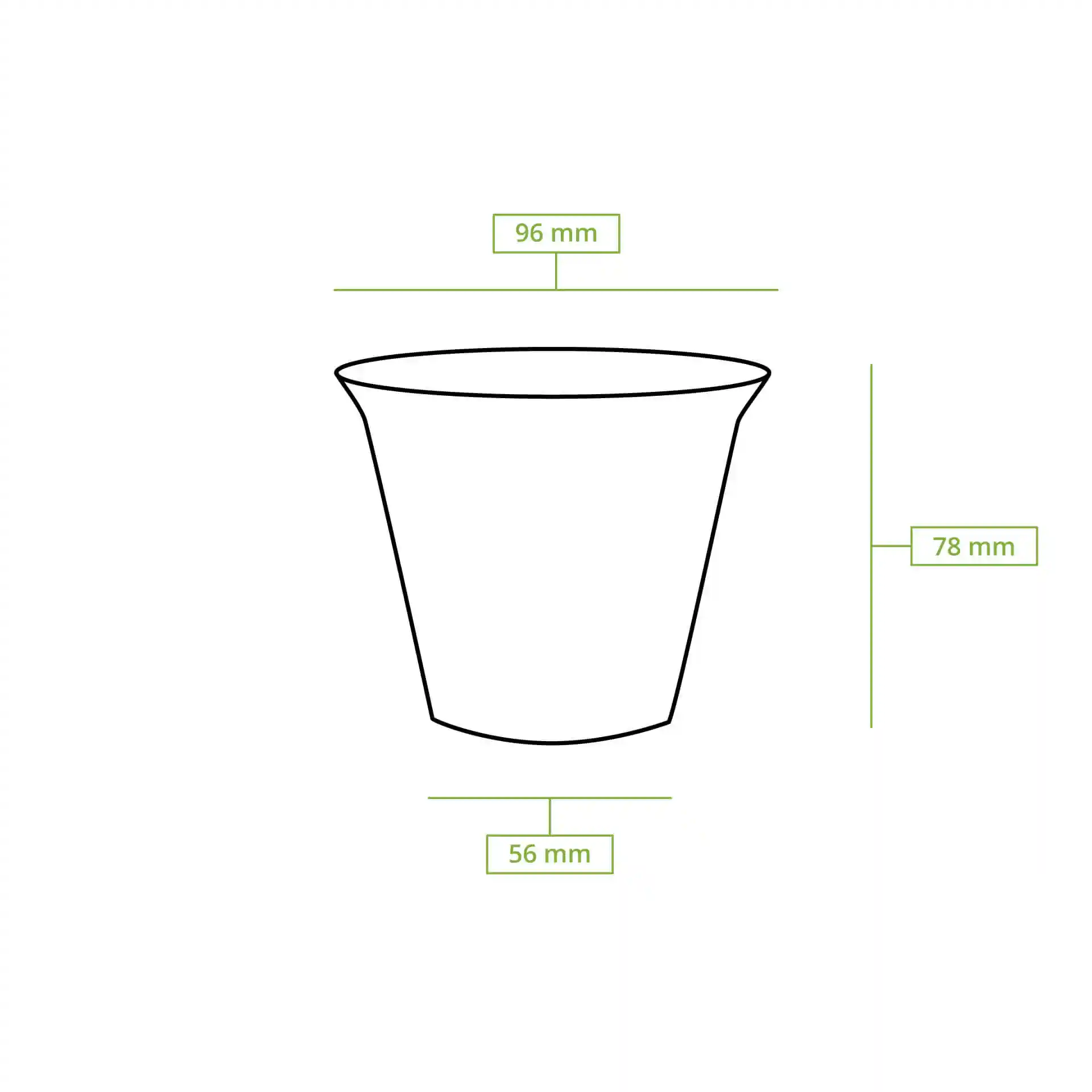 Schematic drawing of an 8 oz smoothie cup with dimensions: top diameter 96 mm, height 78 mm, bottom diameter 56 mm.