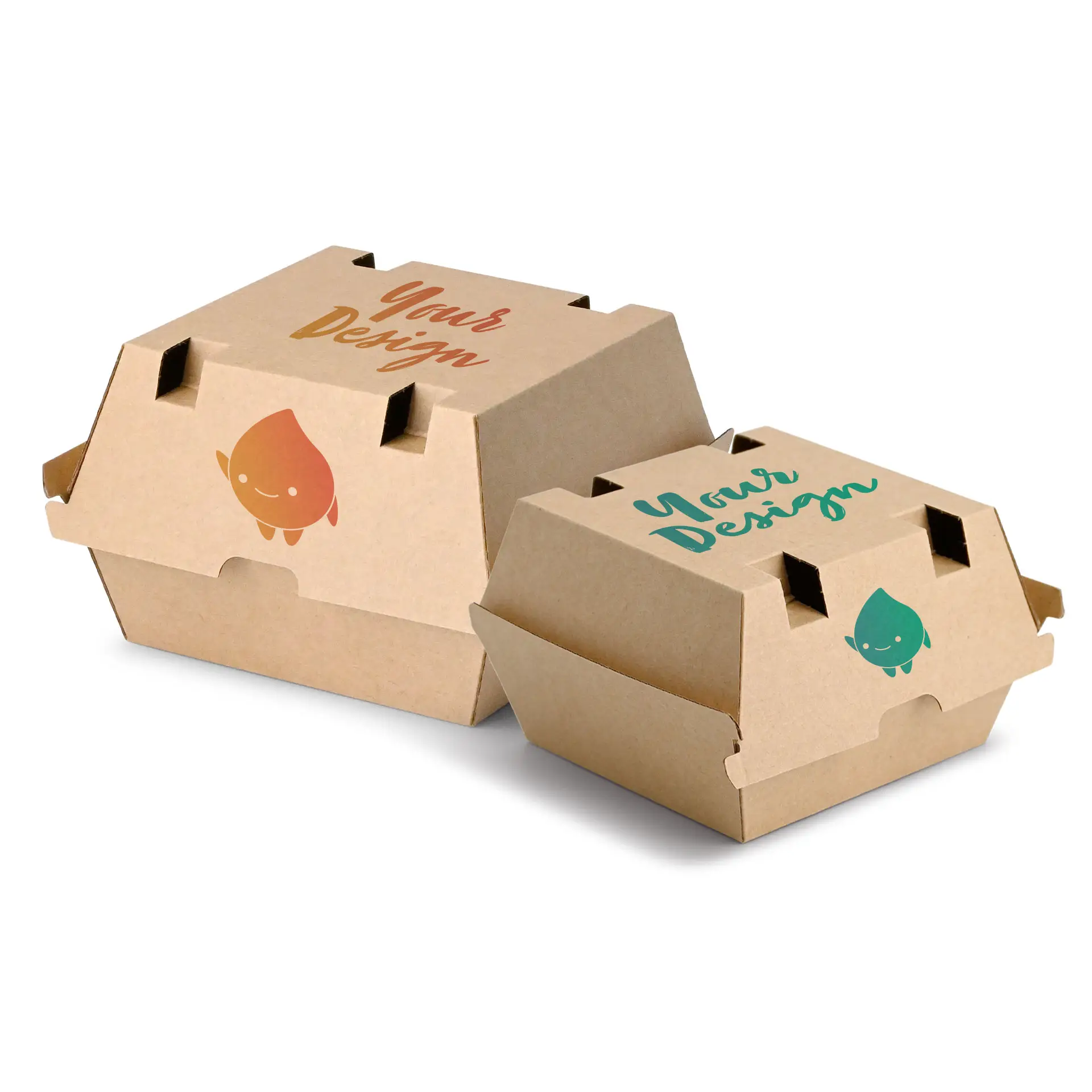 Printed burger boxes, 16.8 x 15.8 x 9.8 cm, brown