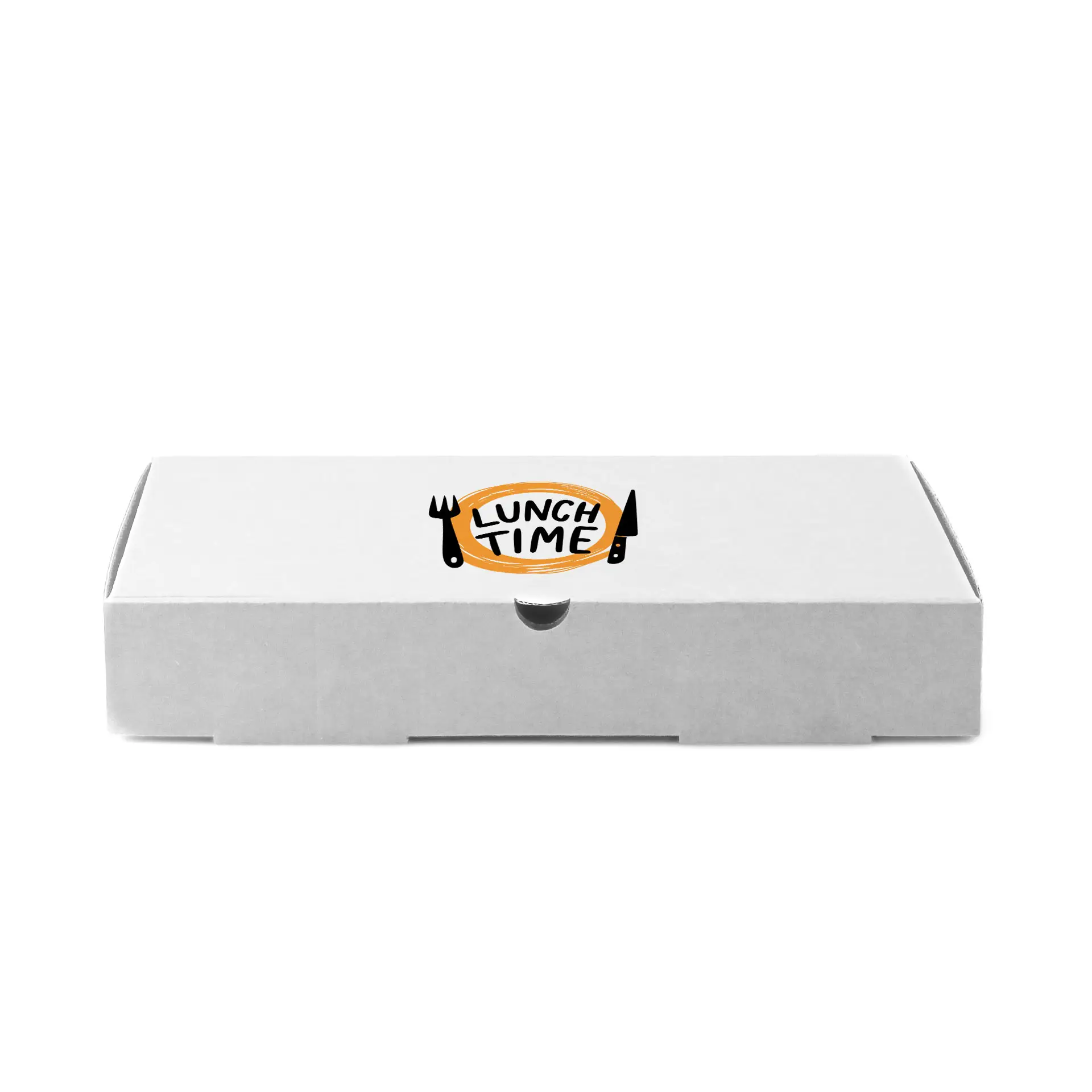 White pizza box with a circular orange logo featuring the text "LUNCH TIME" and utensils. Dimensions are 28 x 28 x 4 cm.
