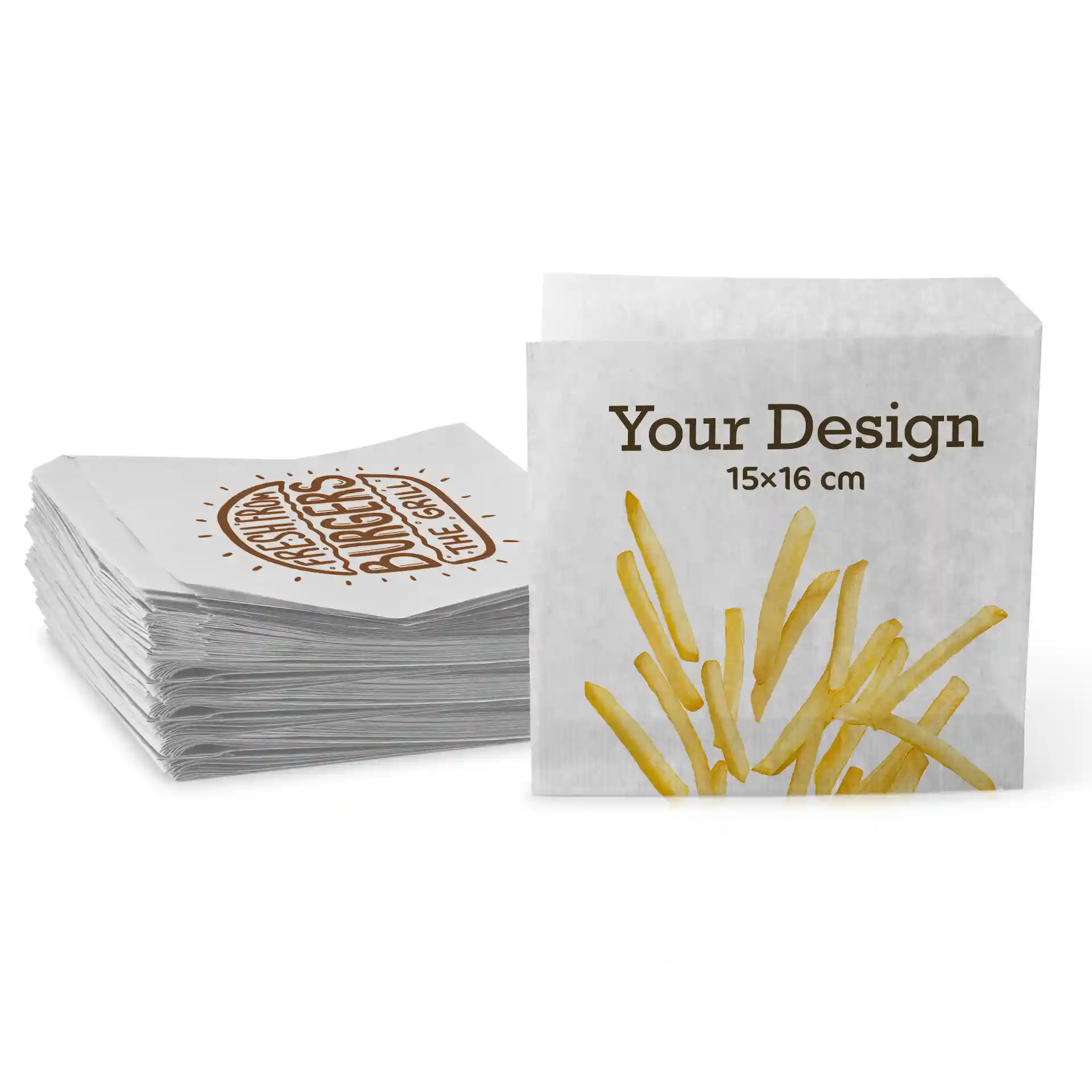 Printed burger sleeves in white, measuring 16 x 15 cm, with a design featuring yellow fries.
