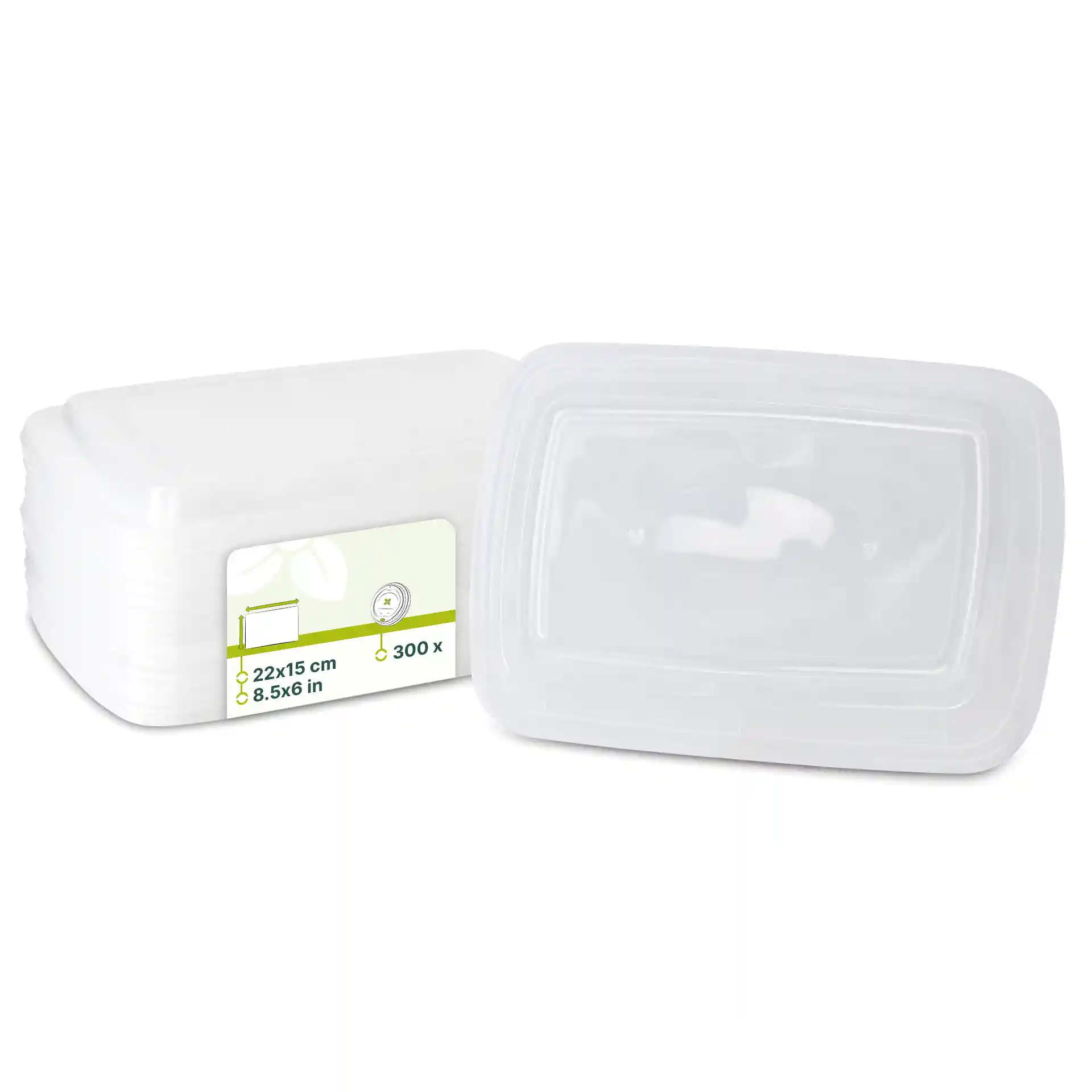 Transparent rectangular reusable lid made of PP, showing dimensions of 22x15 cm and a label with markings.