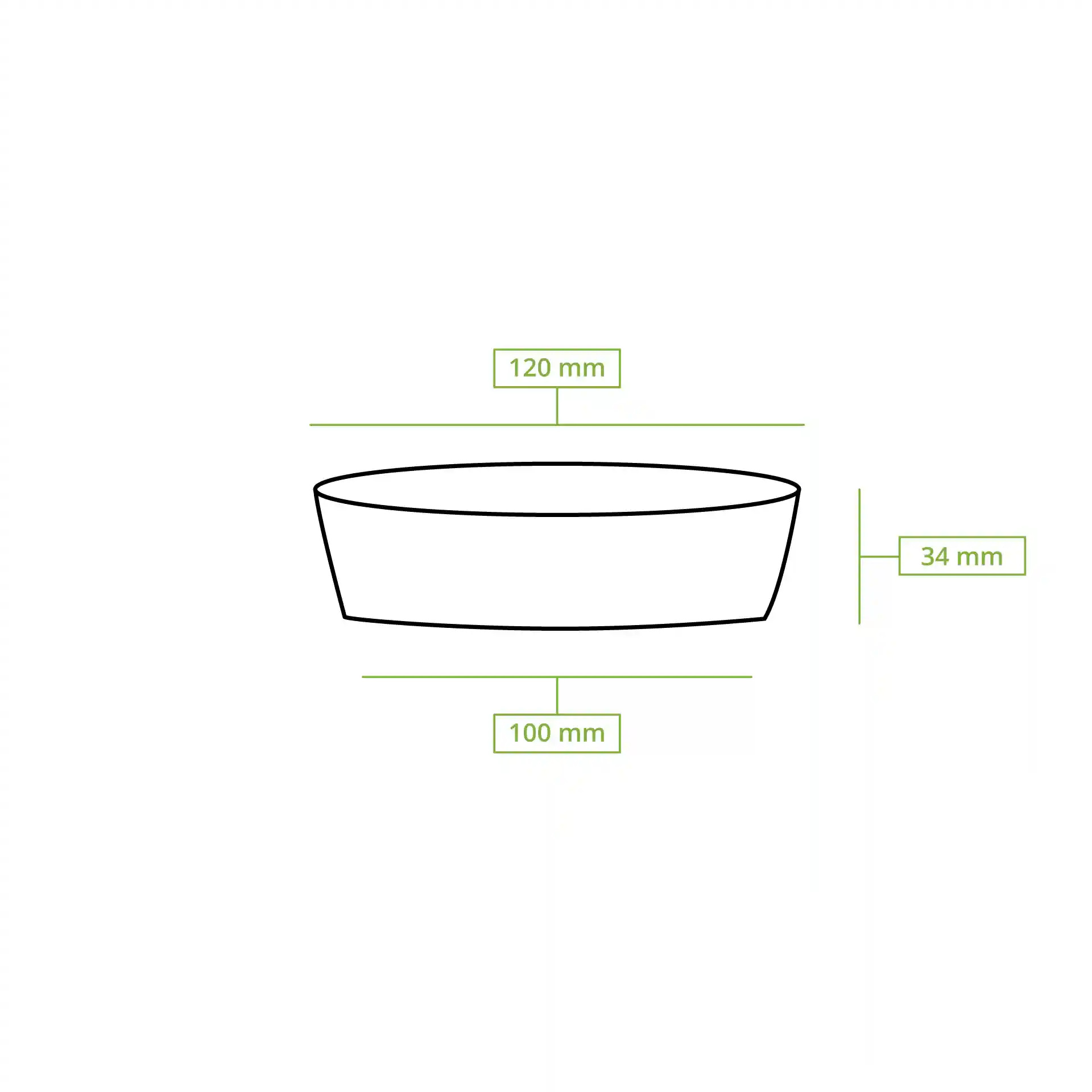 Schematic drawing of a round deli container with dimensions: 120 mm diameter top, 100 mm diameter bottom, and 34 mm height.