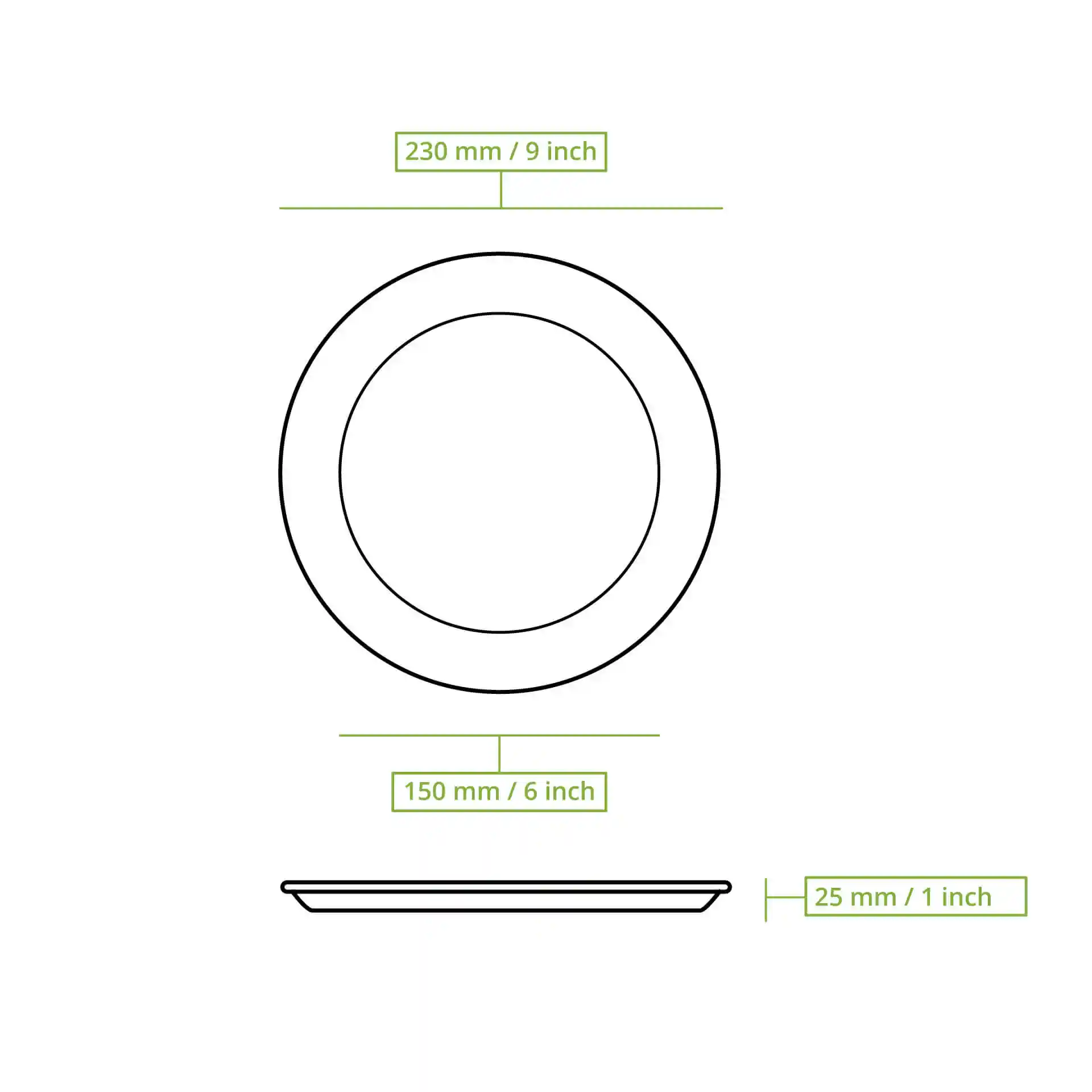 Schematic drawing of a round brown paper plate with dimensions: 230 mm diameter, 150 mm base diameter, and 25 mm height.