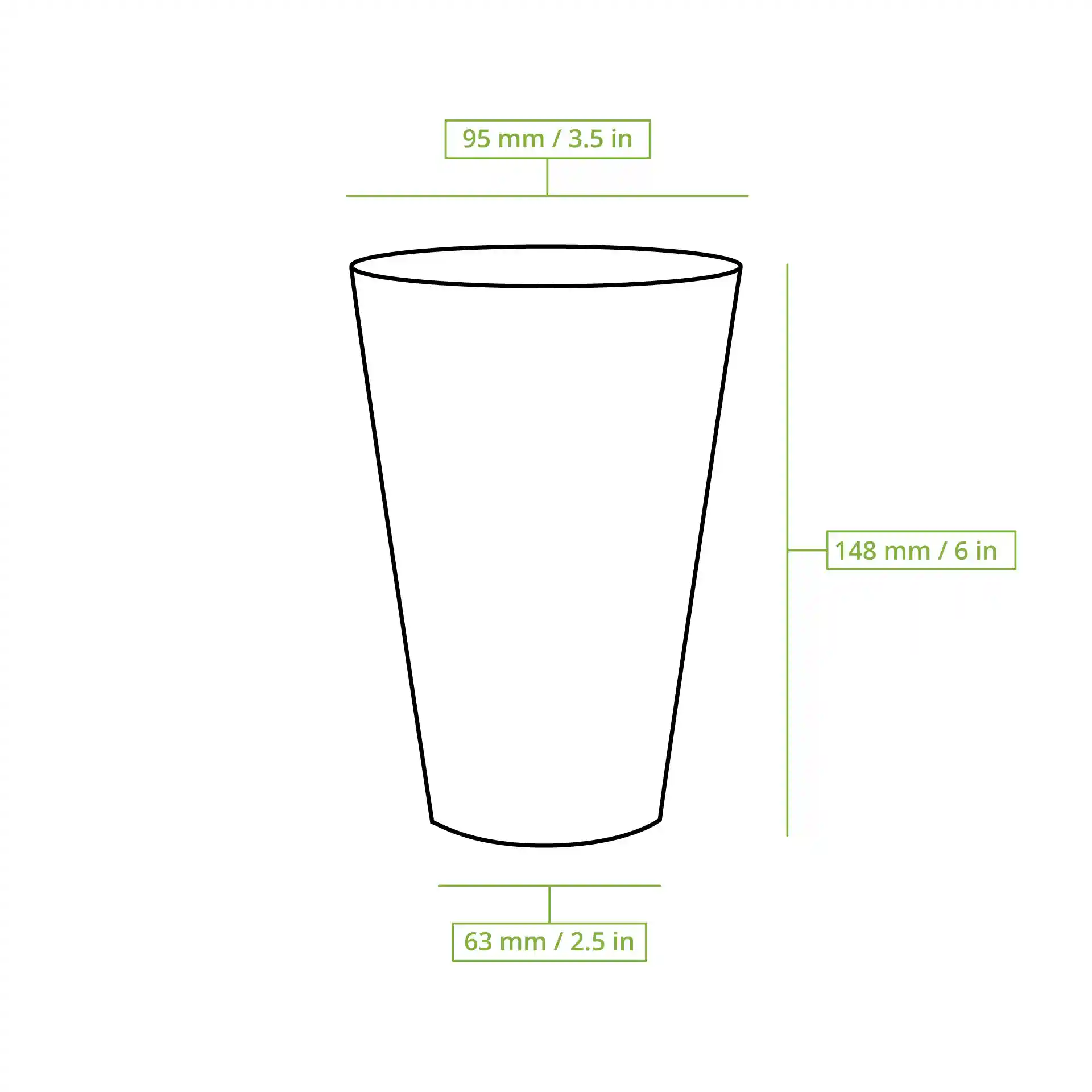 Schematic drawing of a cup with dimension lines indicating height of 148 mm, top diameter of 95 mm, and bottom diameter of 63 mm.