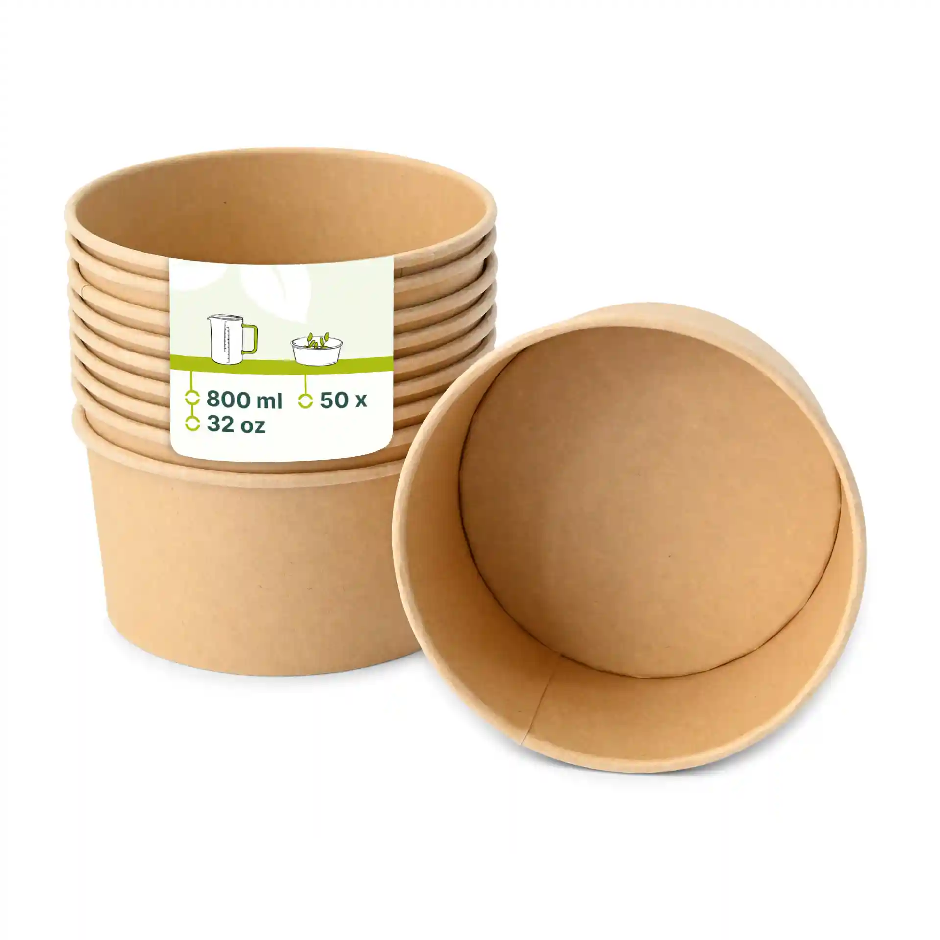 Brown round paper bowls stacked, with one bowl turned over to show the interior, featuring a label with product details.