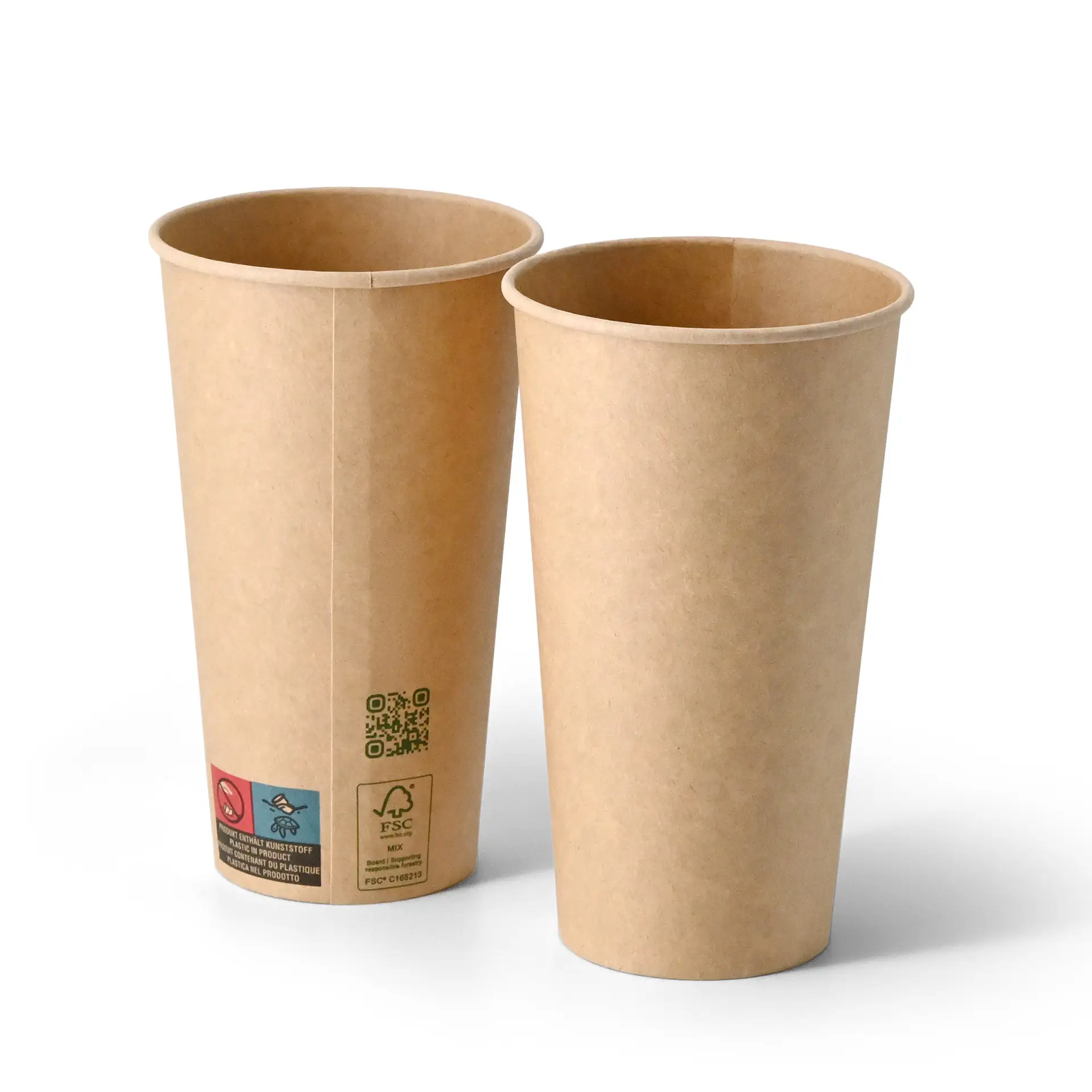 Brown paper cup with PLA coating, single wall design, for hot and cold drinks, showing printed QR code and labels.