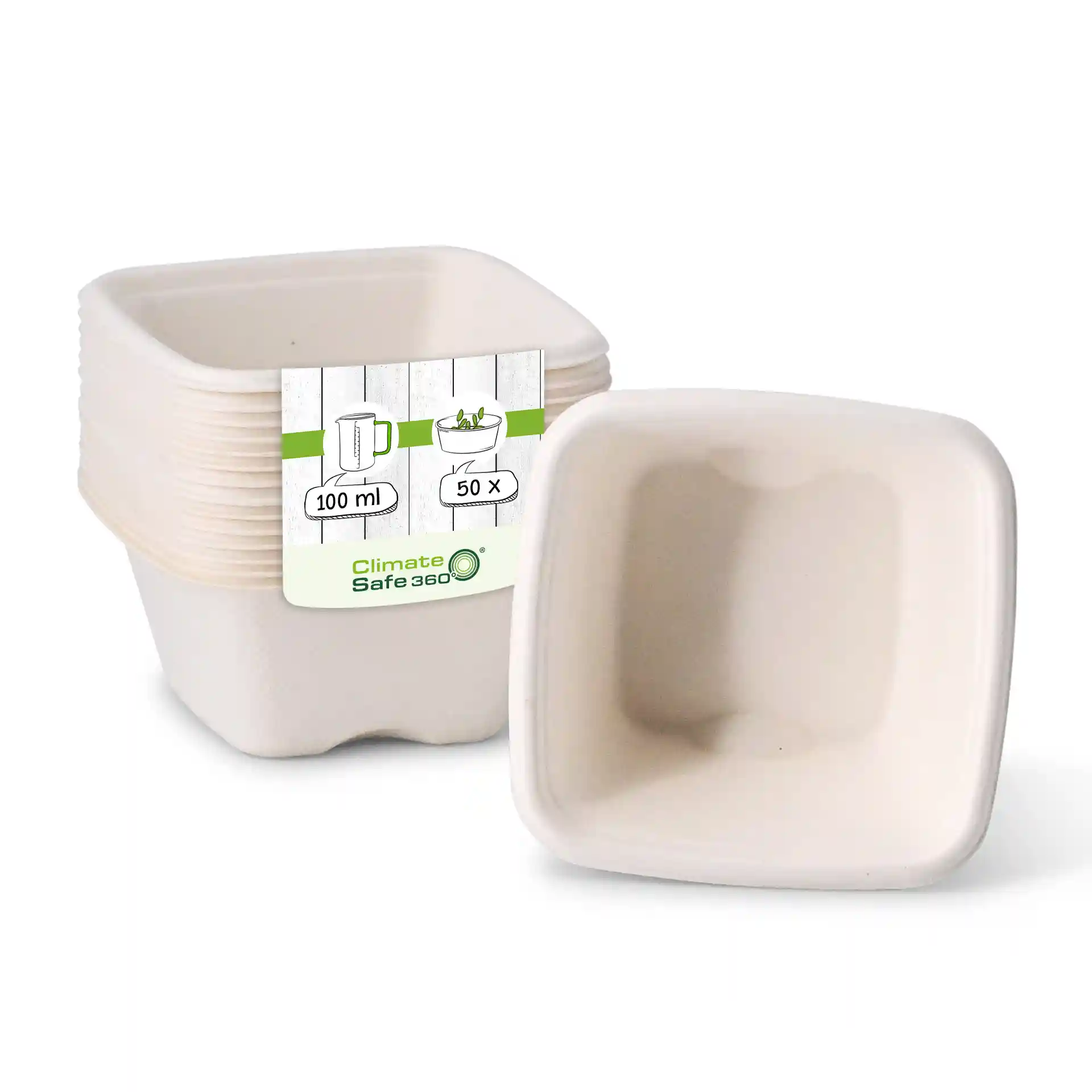Stack of square bagasse portion cups in white, each with a 100 ml capacity, displayed with a label.