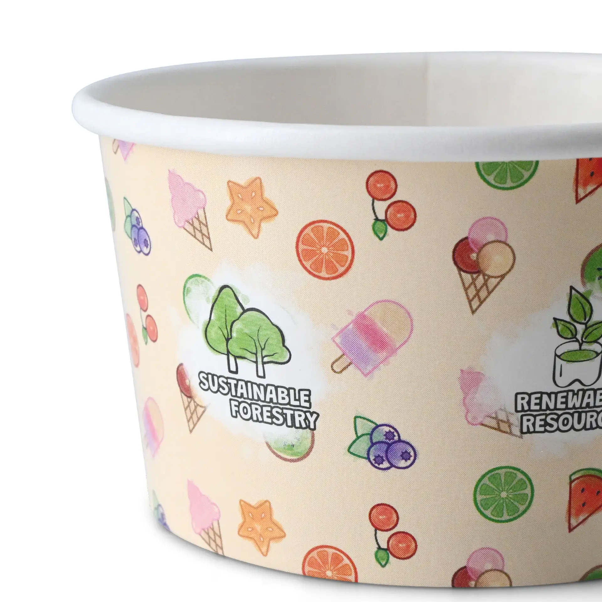 Illustrated paper ice cream container featuring colorful motifs, including ice cream and fruit images; includes sustainability labels.