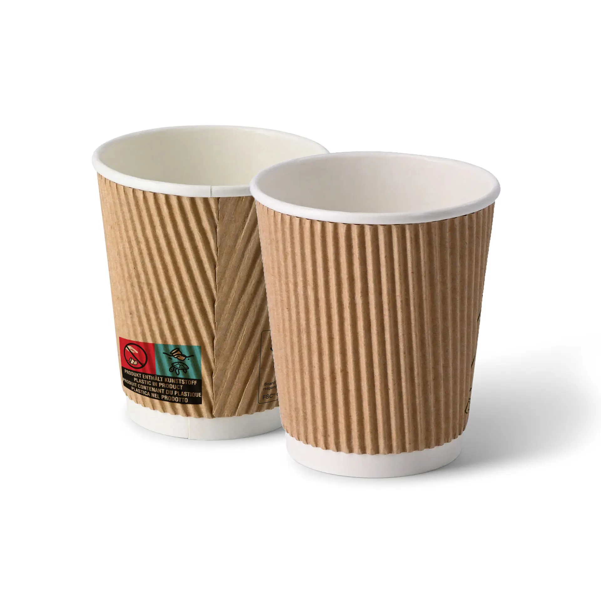 Two 8 oz brown ripple take away coffee cups with white interiors; one cup shows a label with warning symbols.