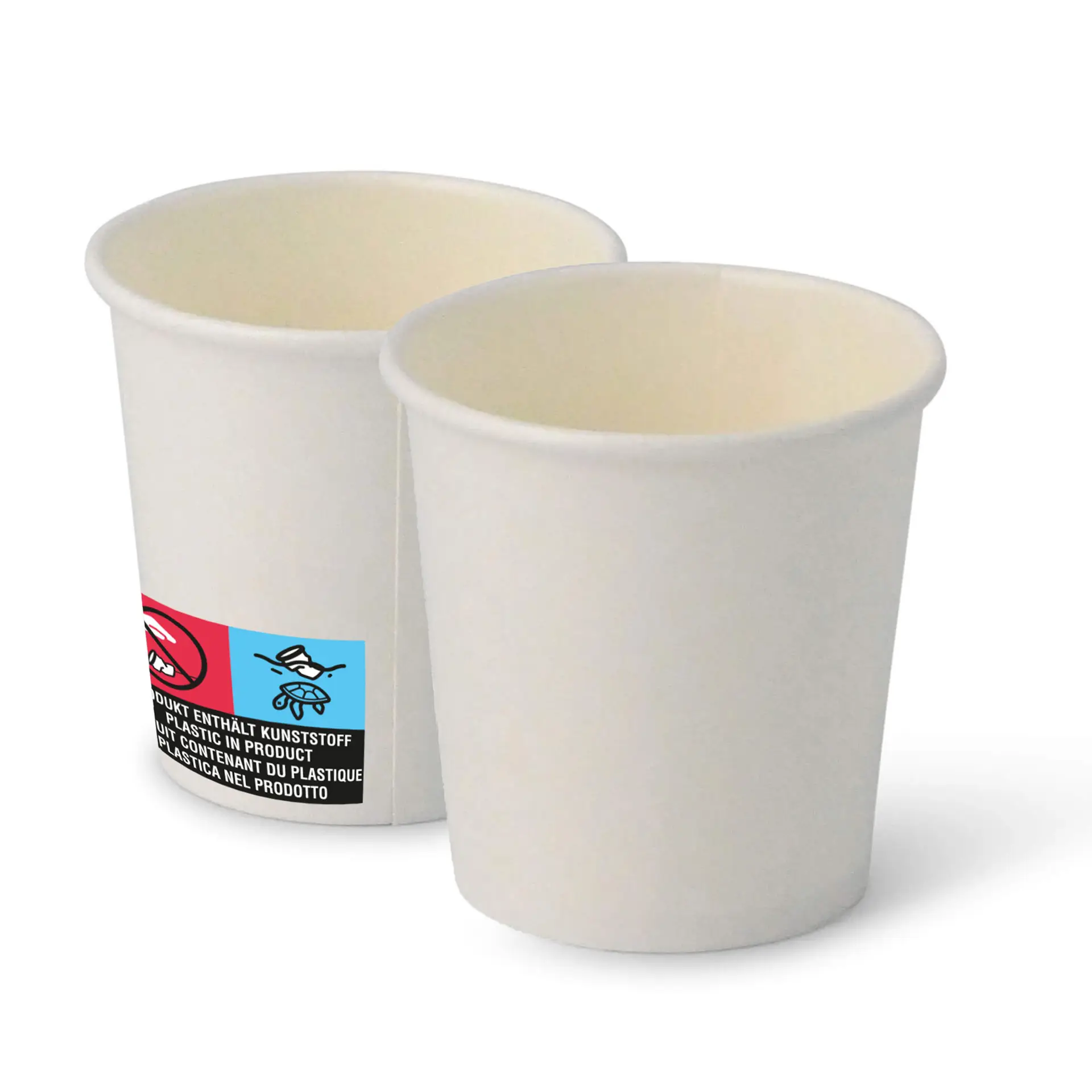 White paper cups, 4 oz size, with a PE coating and classic design, shown stacked with a label visible.