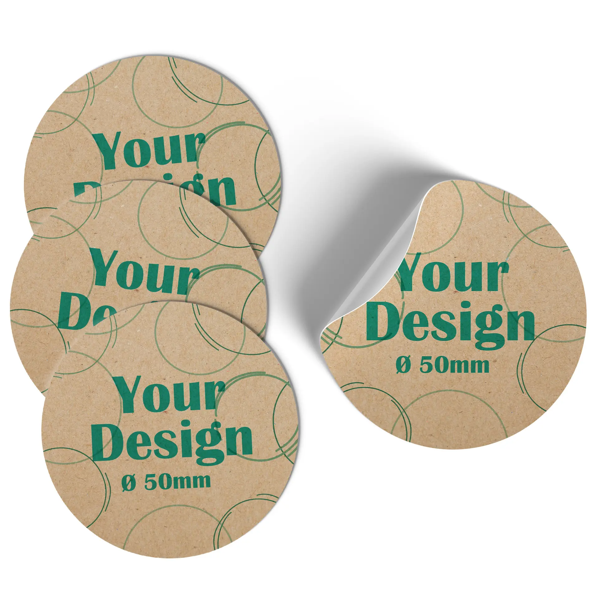 Round brown sticker with a blue toucan design; diameter marked as 5 cm.