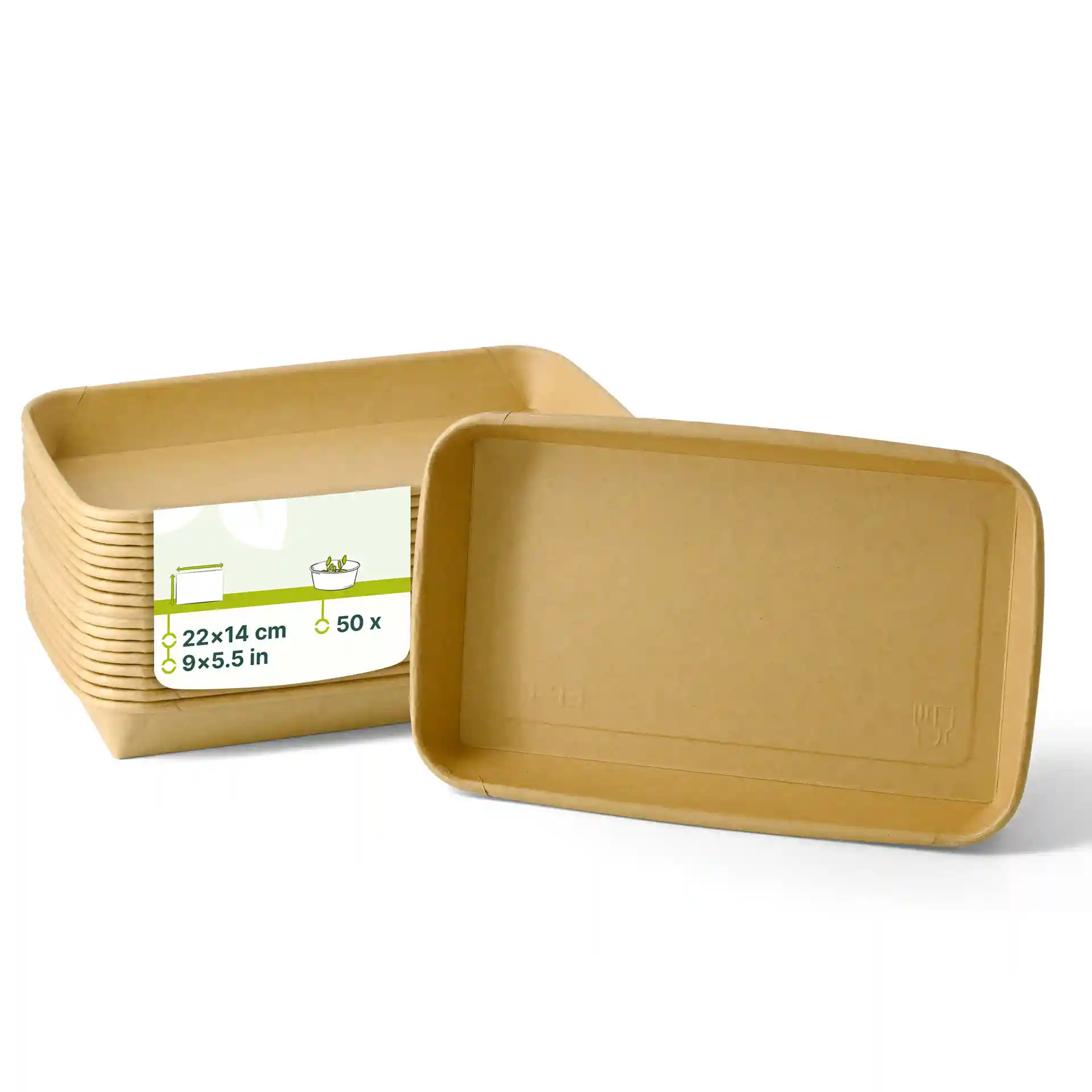 Brown sushi boxes with dimensions 22 x 14 cm, shown stacked with one box on its side.