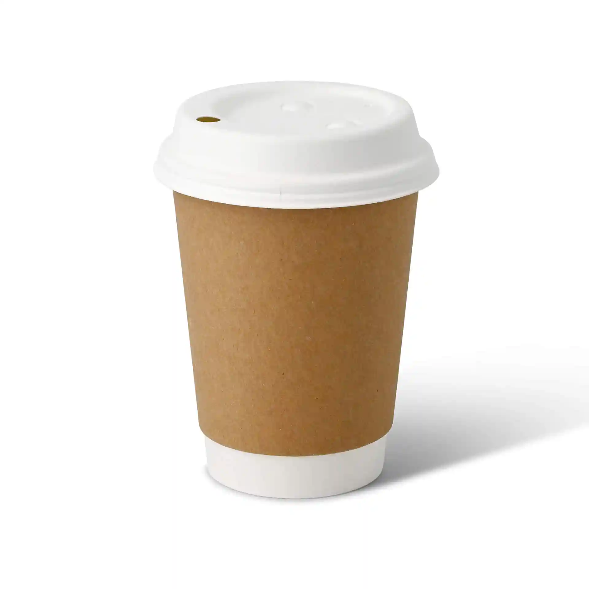 Brown double-walled cardboard coffee cup with a white lid, 12 oz capacity, and a round shape.