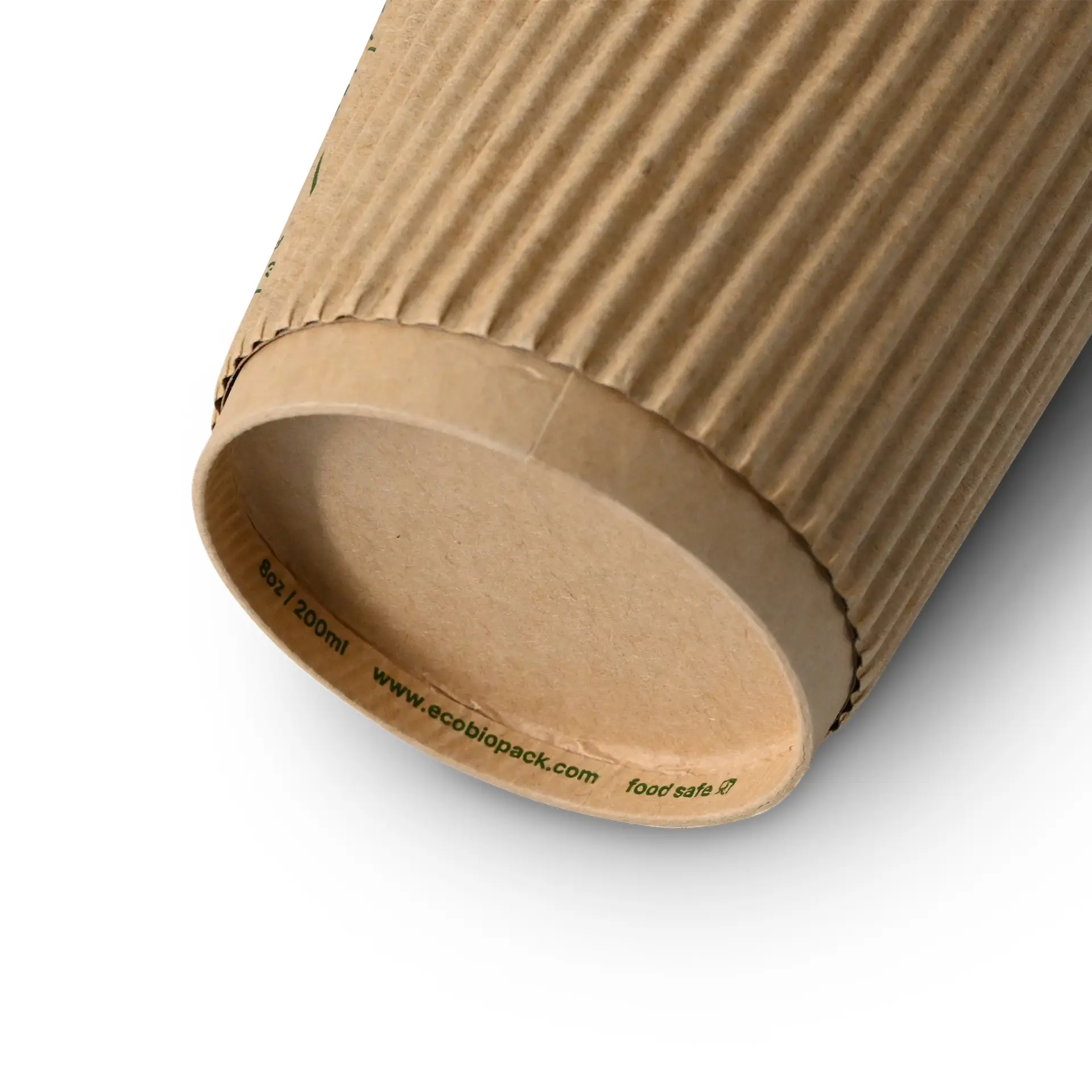 One brown ribbed disposable coffee cup with PLA inner coating, designed for hot drinks, shown from above.