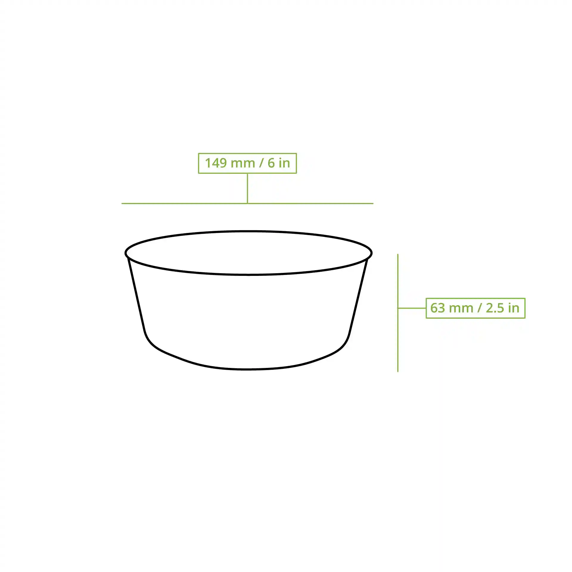 Schematic drawing of a round cardboard bowl with dimensions 150 mm diameter and 63 mm height.