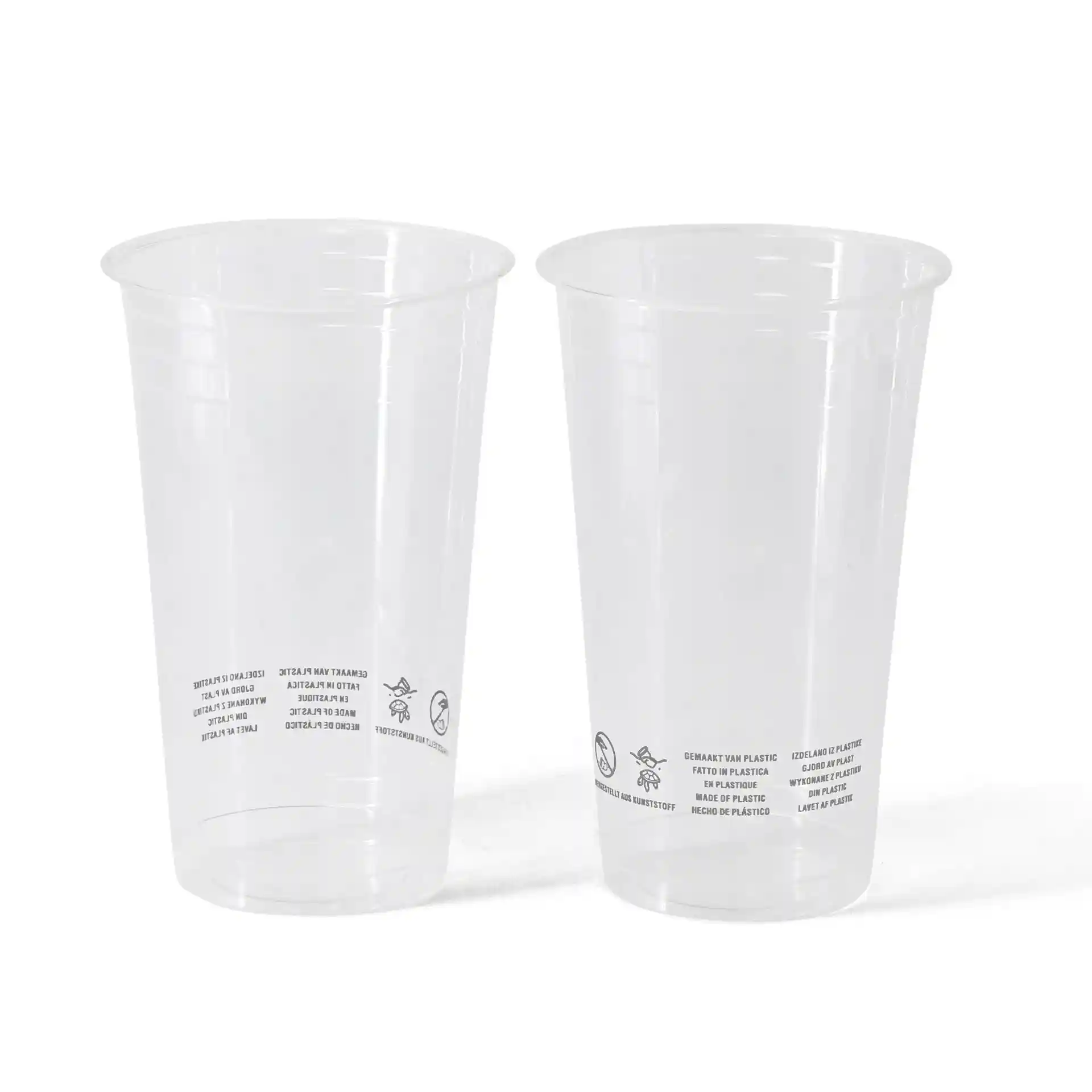 Clear PLA plastic cups, 500 ml capacity, with a diameter of 95 mm and height of 148 mm, showing printed markings.