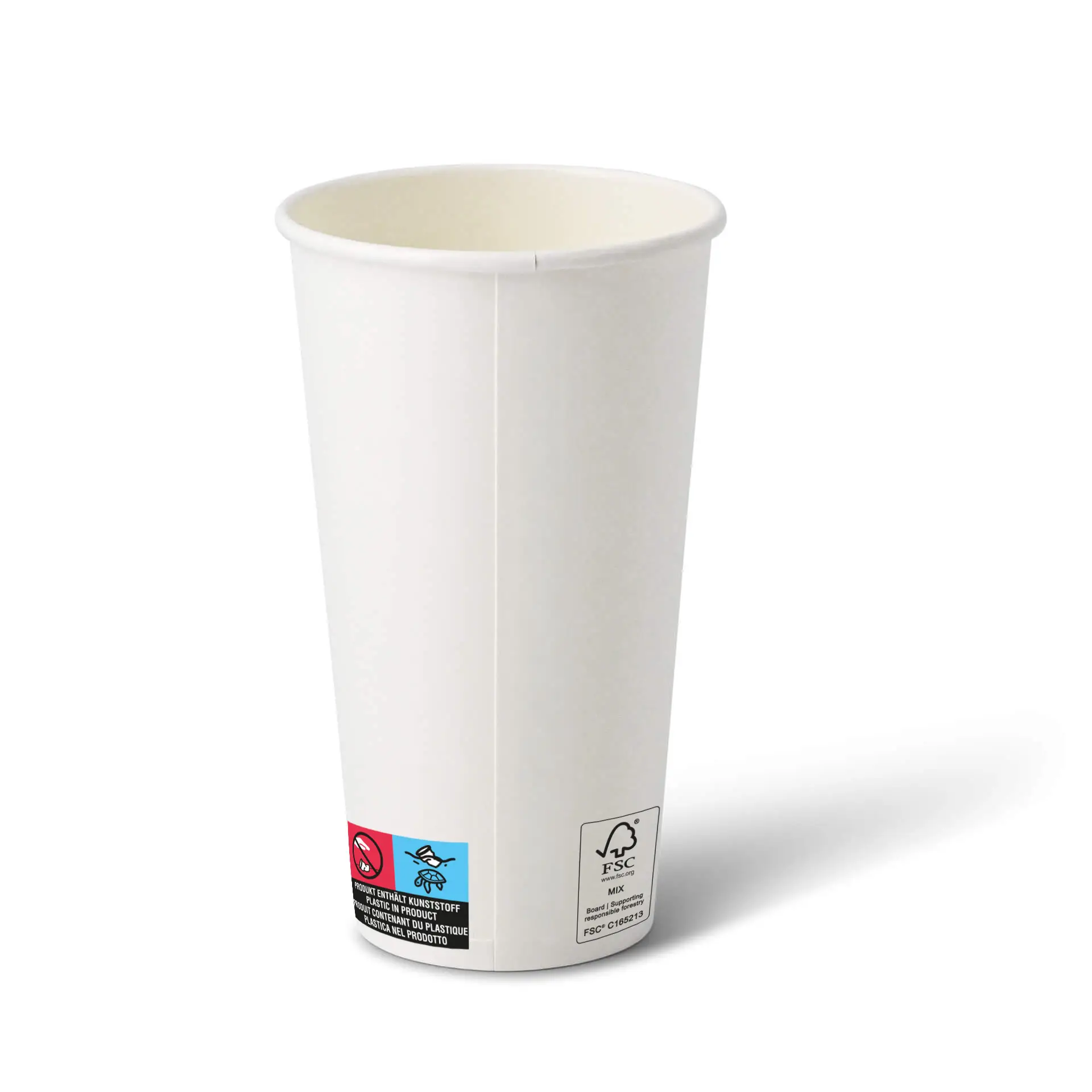 White 20 oz paper cup with a round shape, featuring a coating and visible labels on the side.
