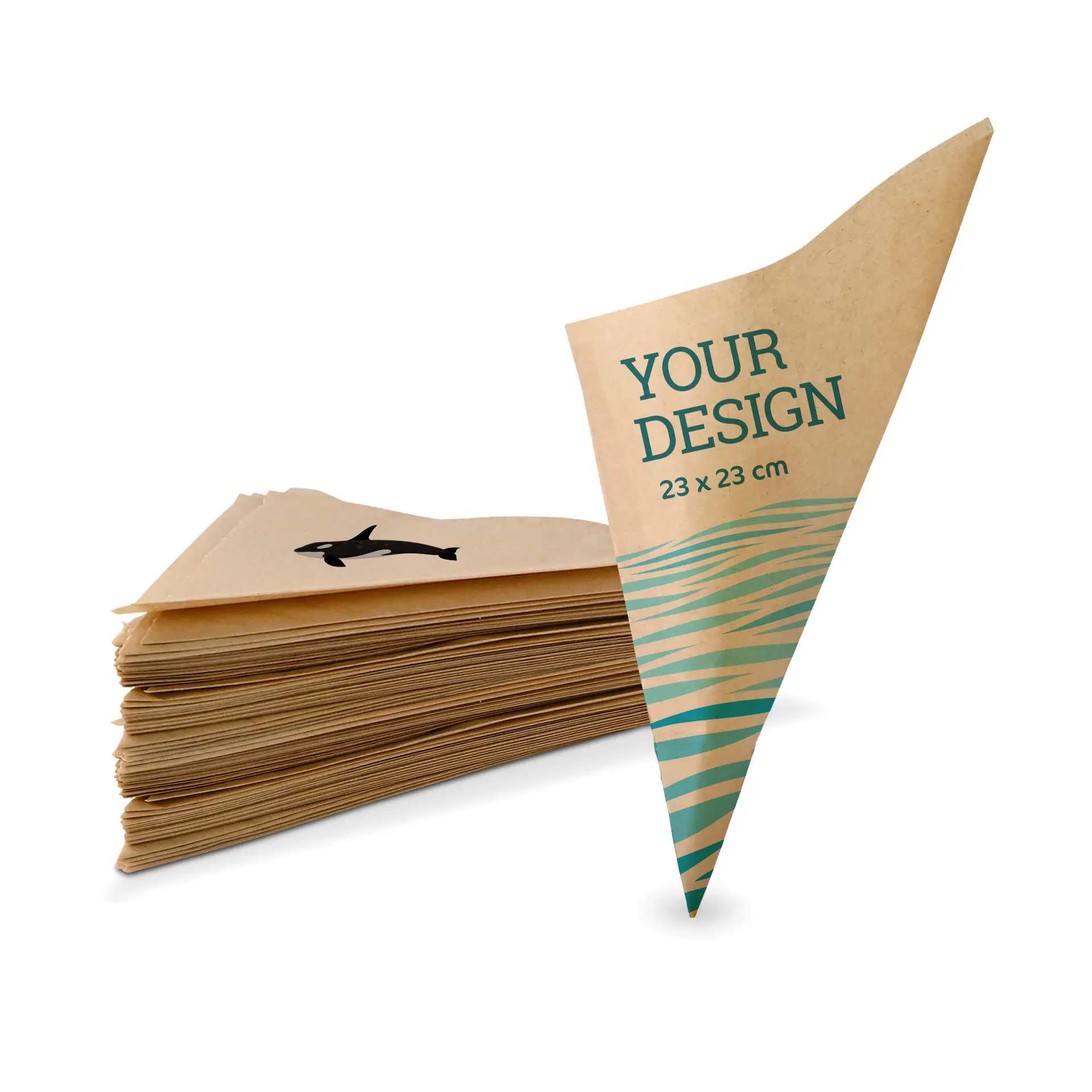 Custom printed brown paper cone bag for food, dimensions 23 × 23 cm, with an illustrative design and stacked behind.