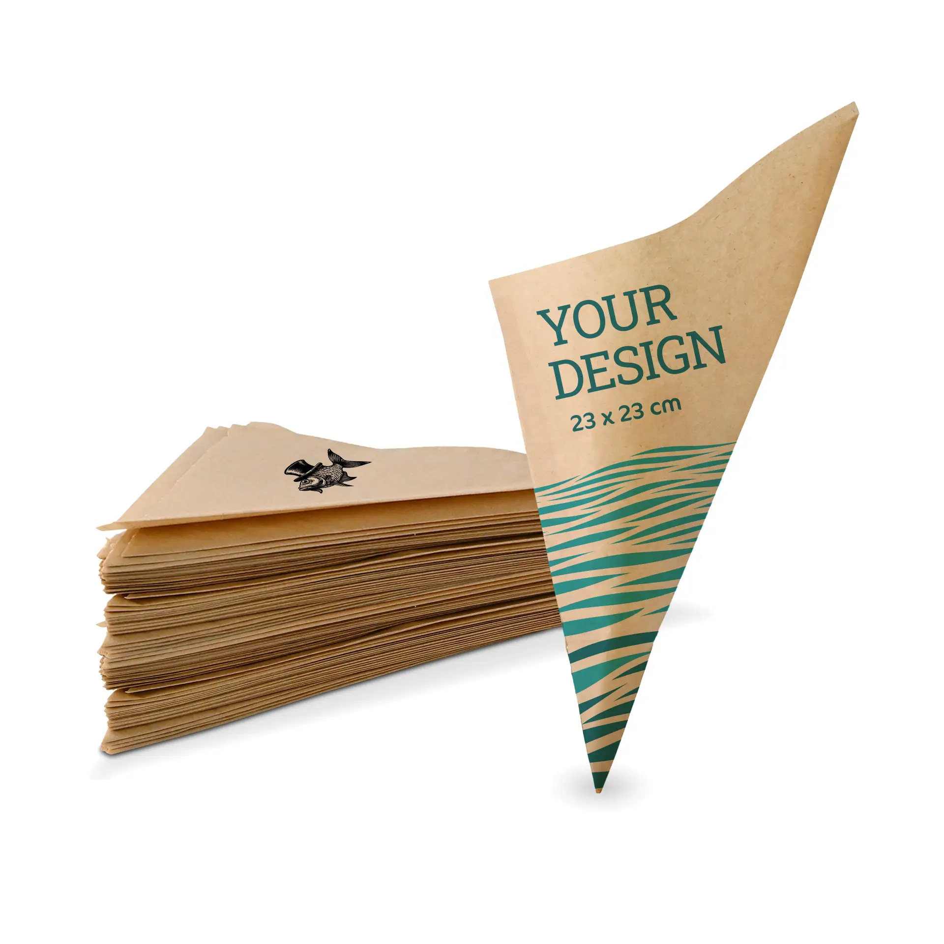 Custom printed brown paper cone bag for food, dimensions 23 × 23 cm, with an illustrative design and stacked behind.