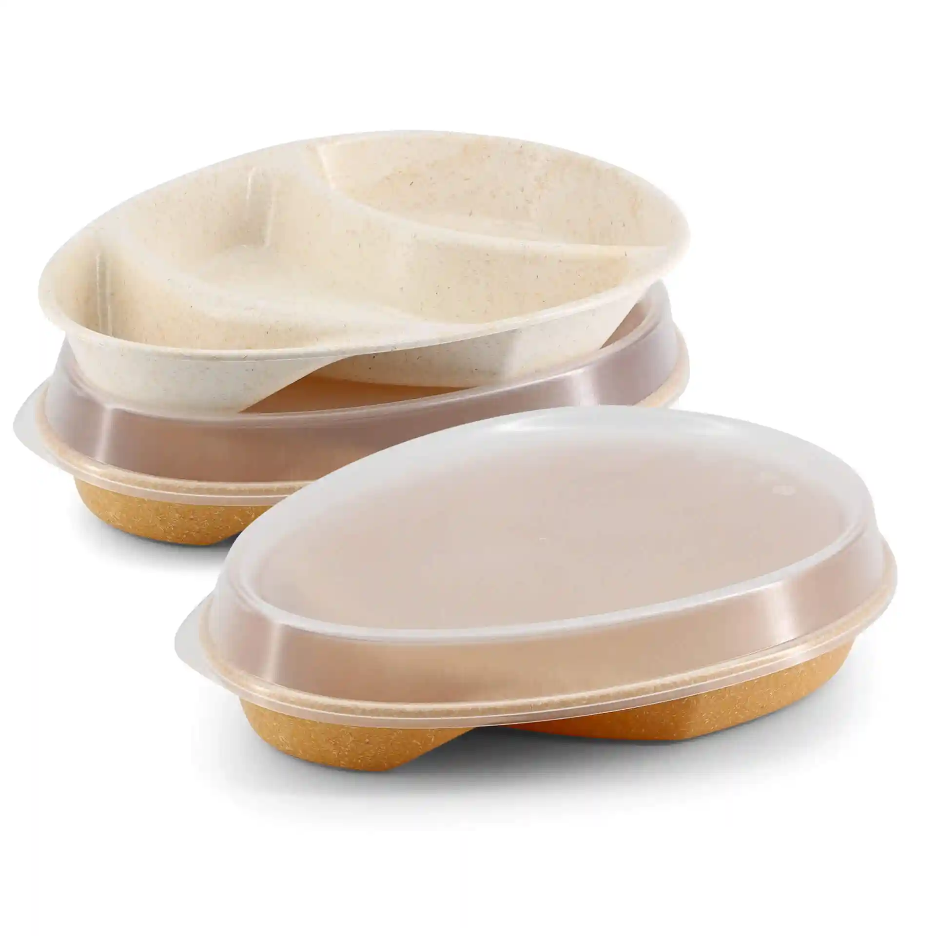 Two reusable plates with transparent lids, one with three compartments, stacked on top of each other.