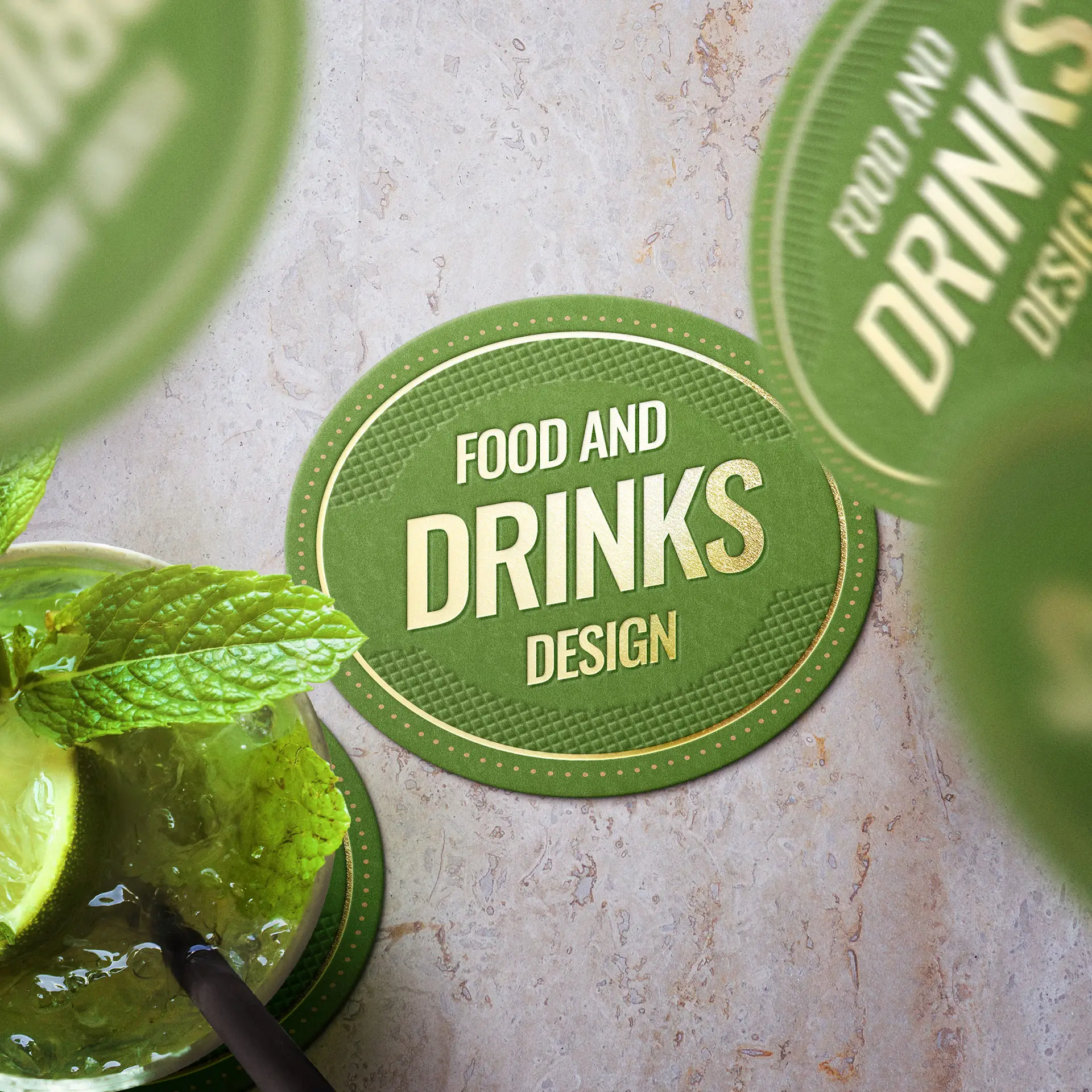 Oval printed beer coaster displaying the phrase "Food and Drinks Design" with a green background and decorative text.