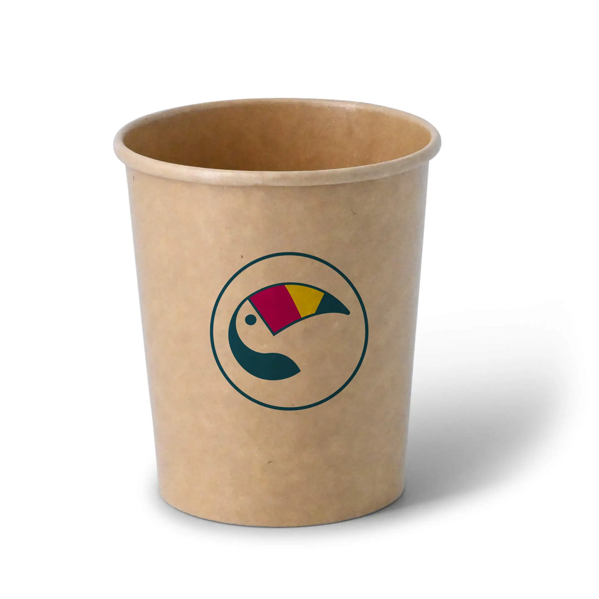 Brown ice cream cup with a colorful toucan logo, suitable for 400 ml servings and optionally available with a lid.