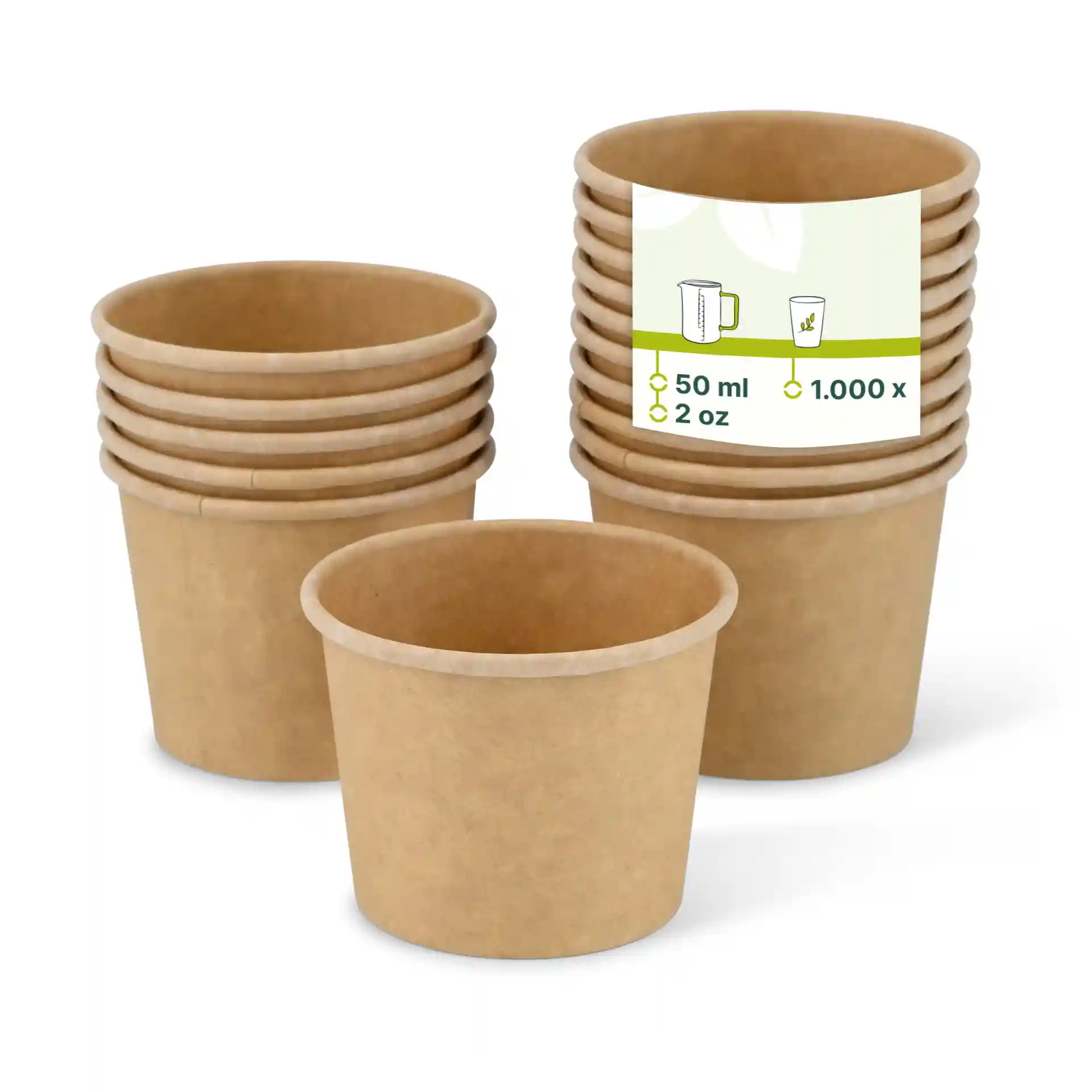 Brown paper portion cups stacked, with one cup in front showing an eco-friendly coating and a label with markings.