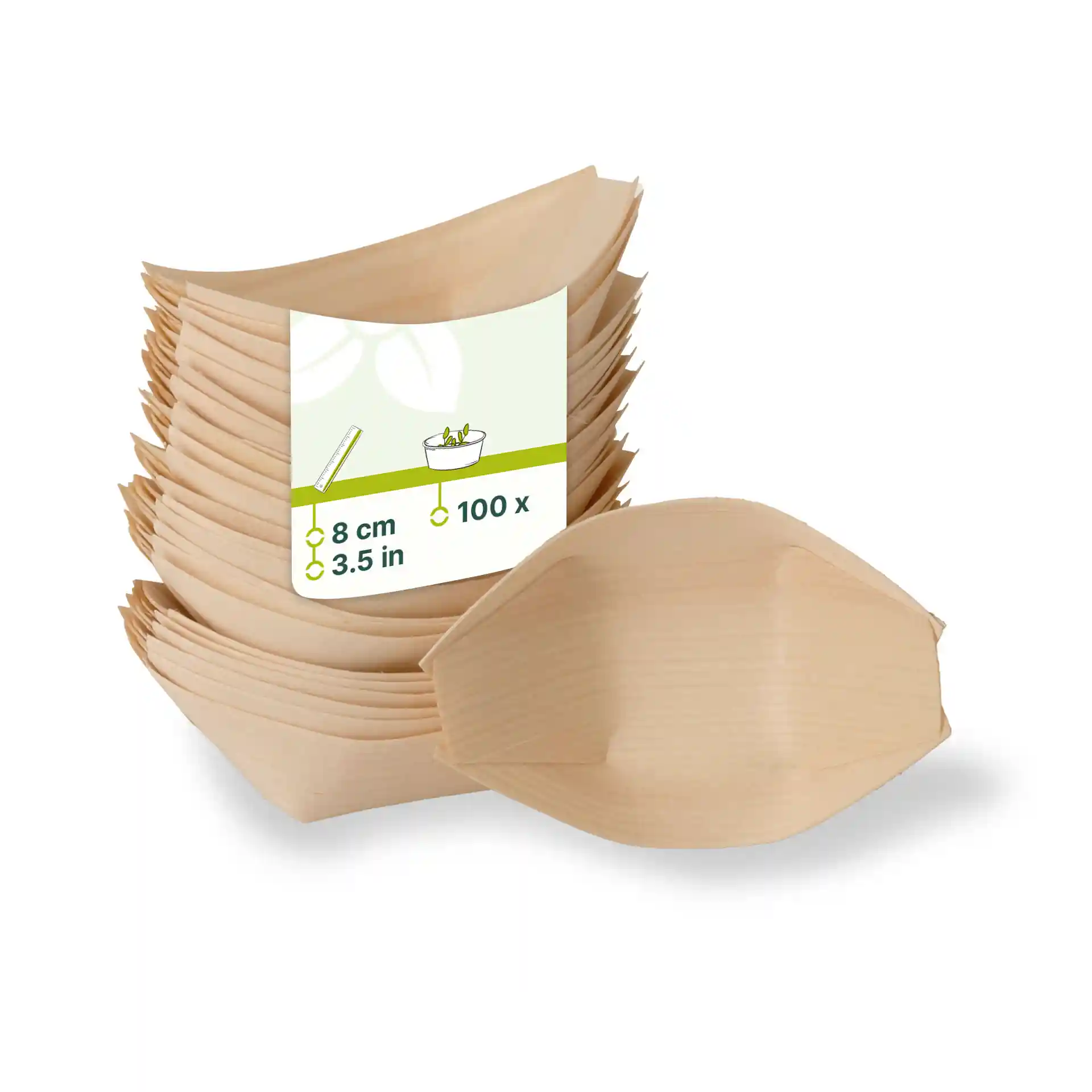 Stack of wooden boat-shaped containers, brown in color, measuring 8 cm, with a label showing dimensions and quantity.