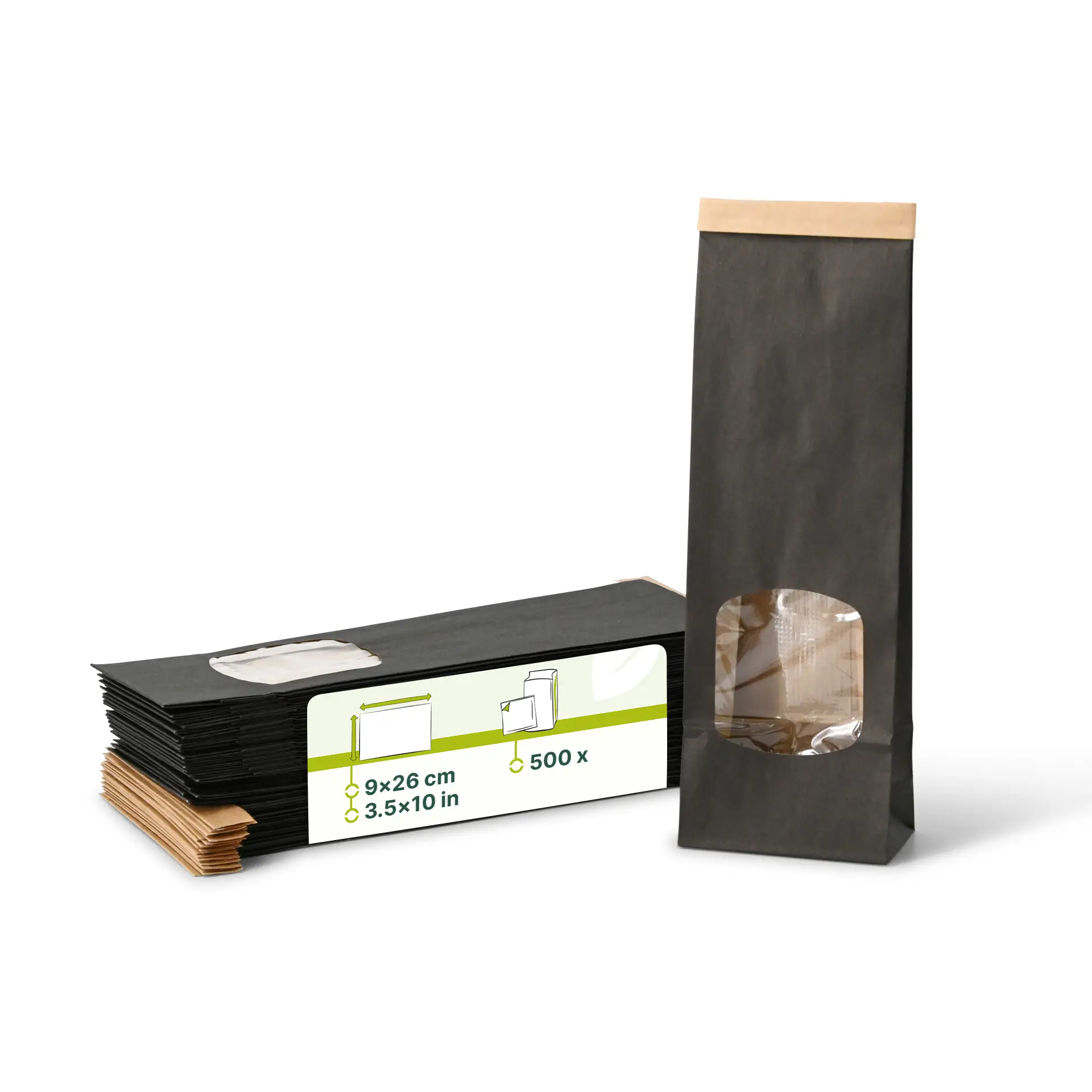 Block bottom bags with window S, 9 x 4.5 x 26 cm, PP-foil, black, tin tie, kraft paper Block bottom bags with window S, 9 x 4.5 x 26 cm, PP-foil, black, tin tie, kraft paper