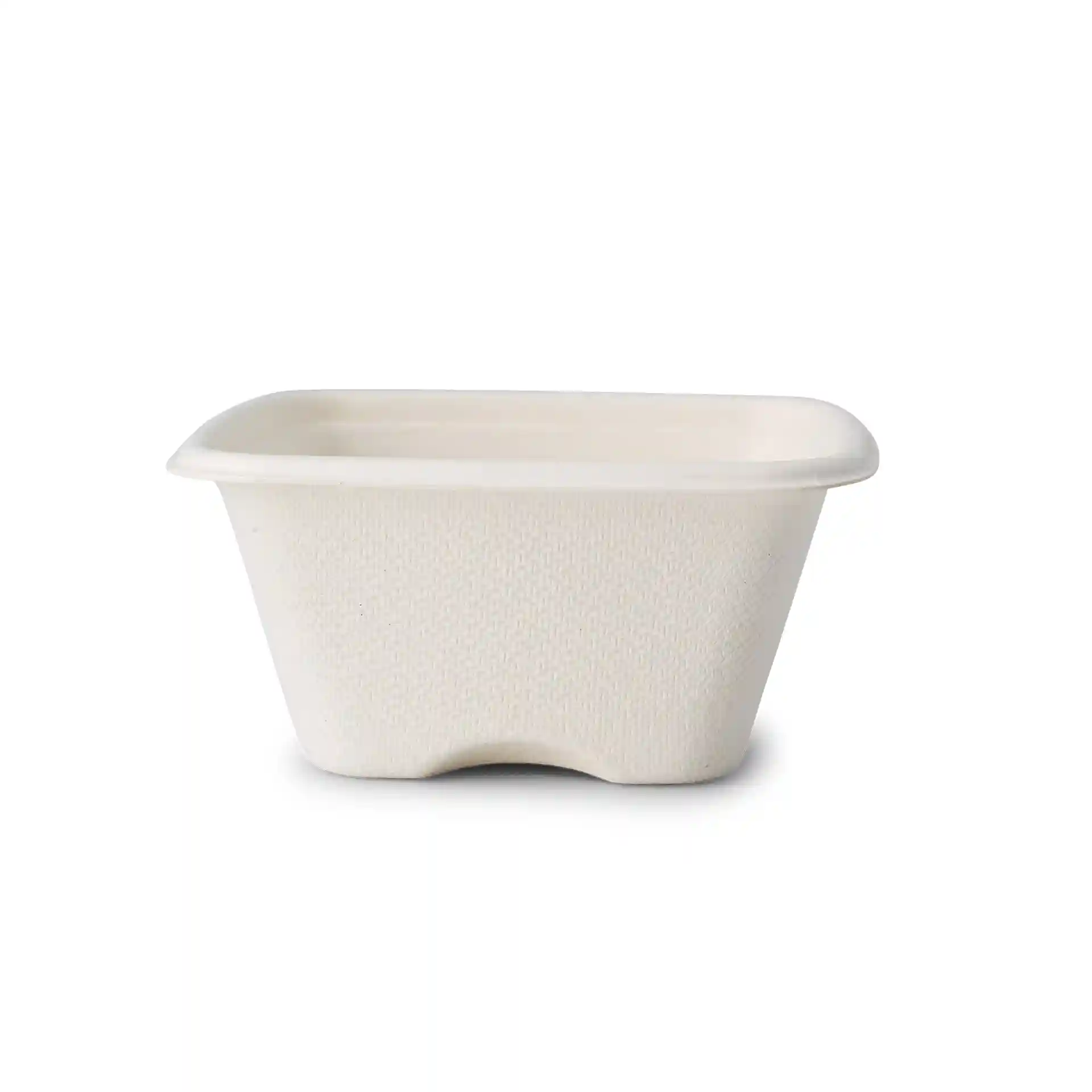 White square bagasse portion cup, 100 ml, measuring 81 x 81 x 37 mm, with a textured surface.