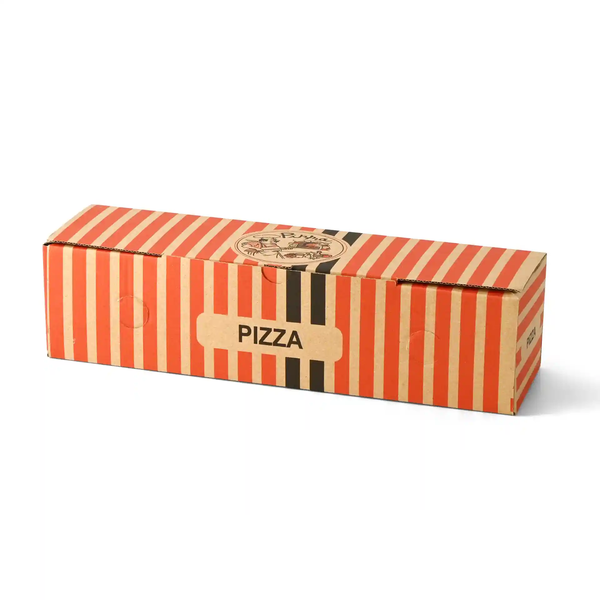 Cardboard pizza box with red and black stripes, featuring a circular pizza chef design and the word "PIZZA".