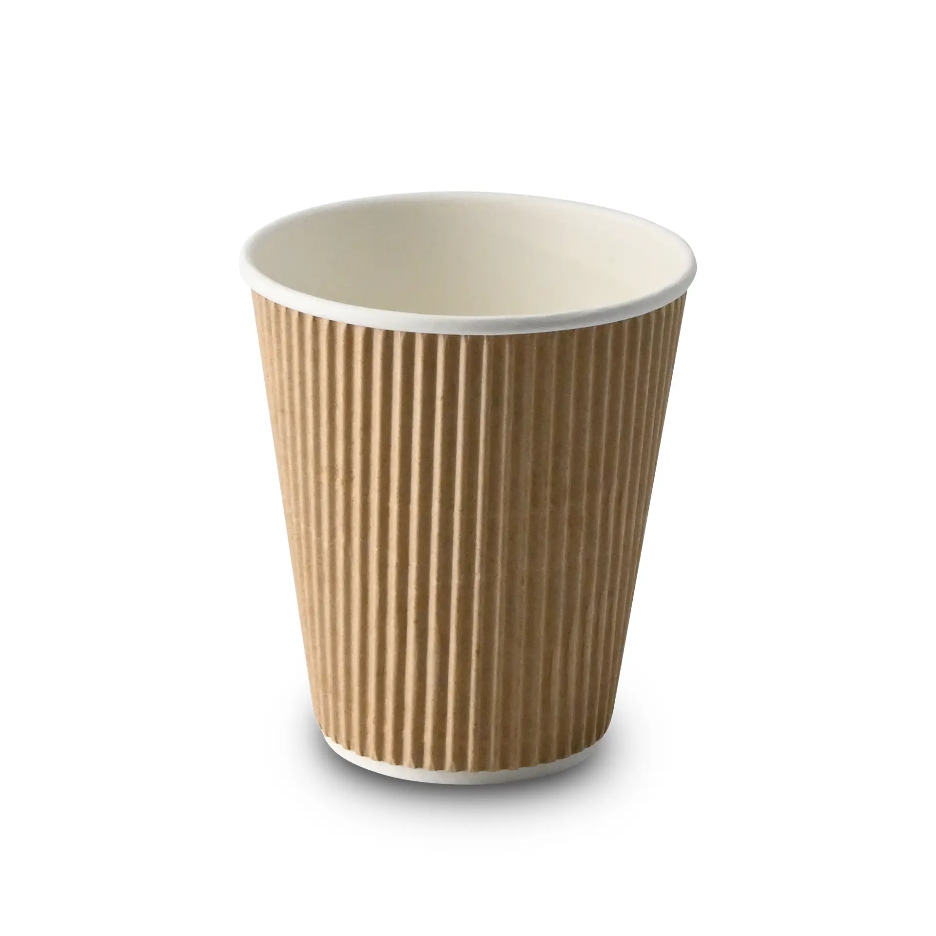 One 10 oz ribbed paper coffee cup, brown outside with a white inner coating, suitable for hot beverages.